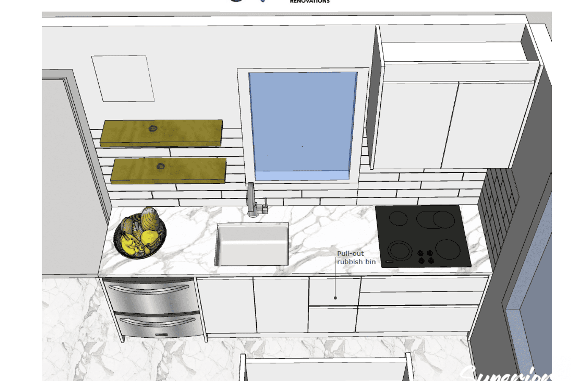 This shows a 3D visual which shows the basic aesthetics of the kitchen.