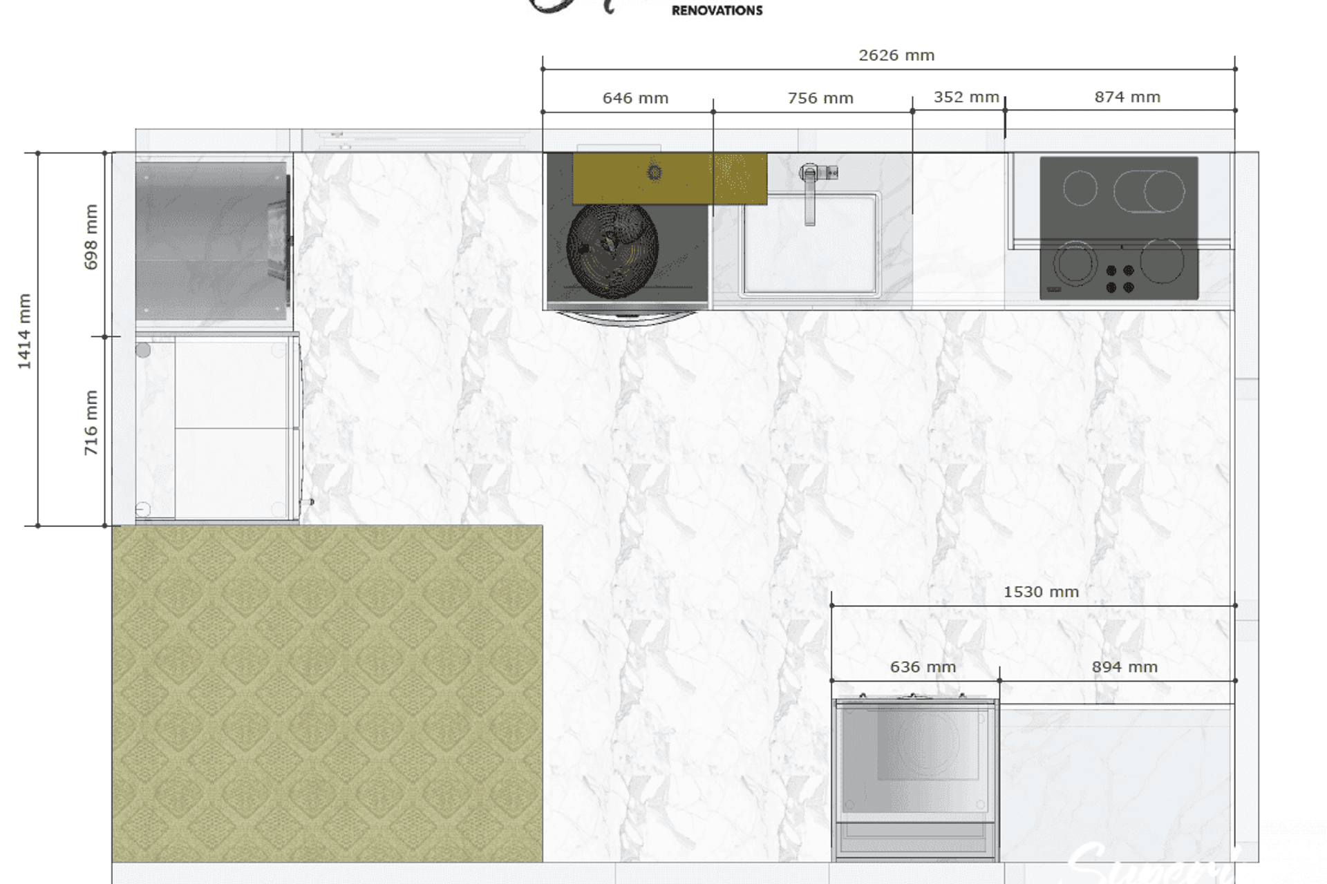 This on the other hand shows the actual measurements to create a functional kitchen