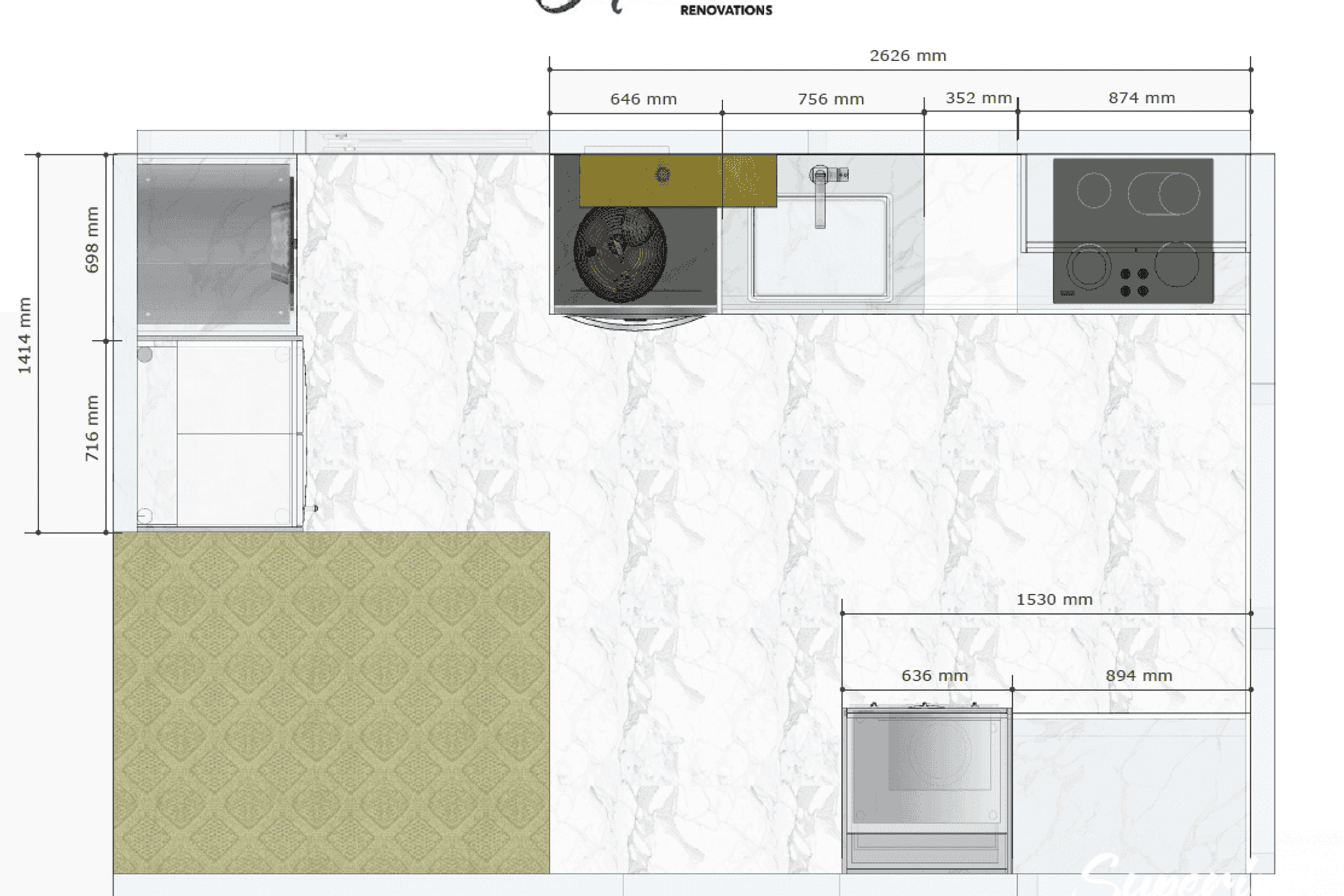 This on the other hand shows the actual measurements to create a functional kitchen