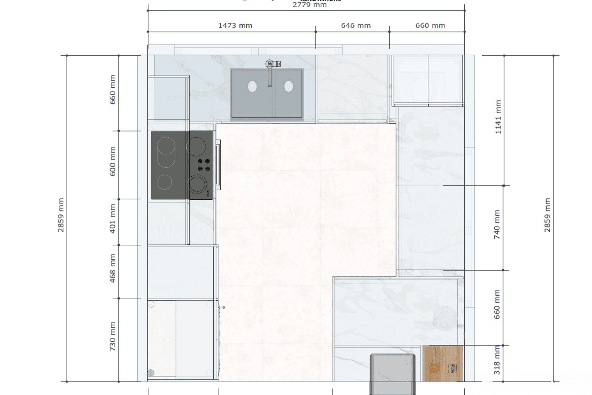 Example of the above kitchens measurements.