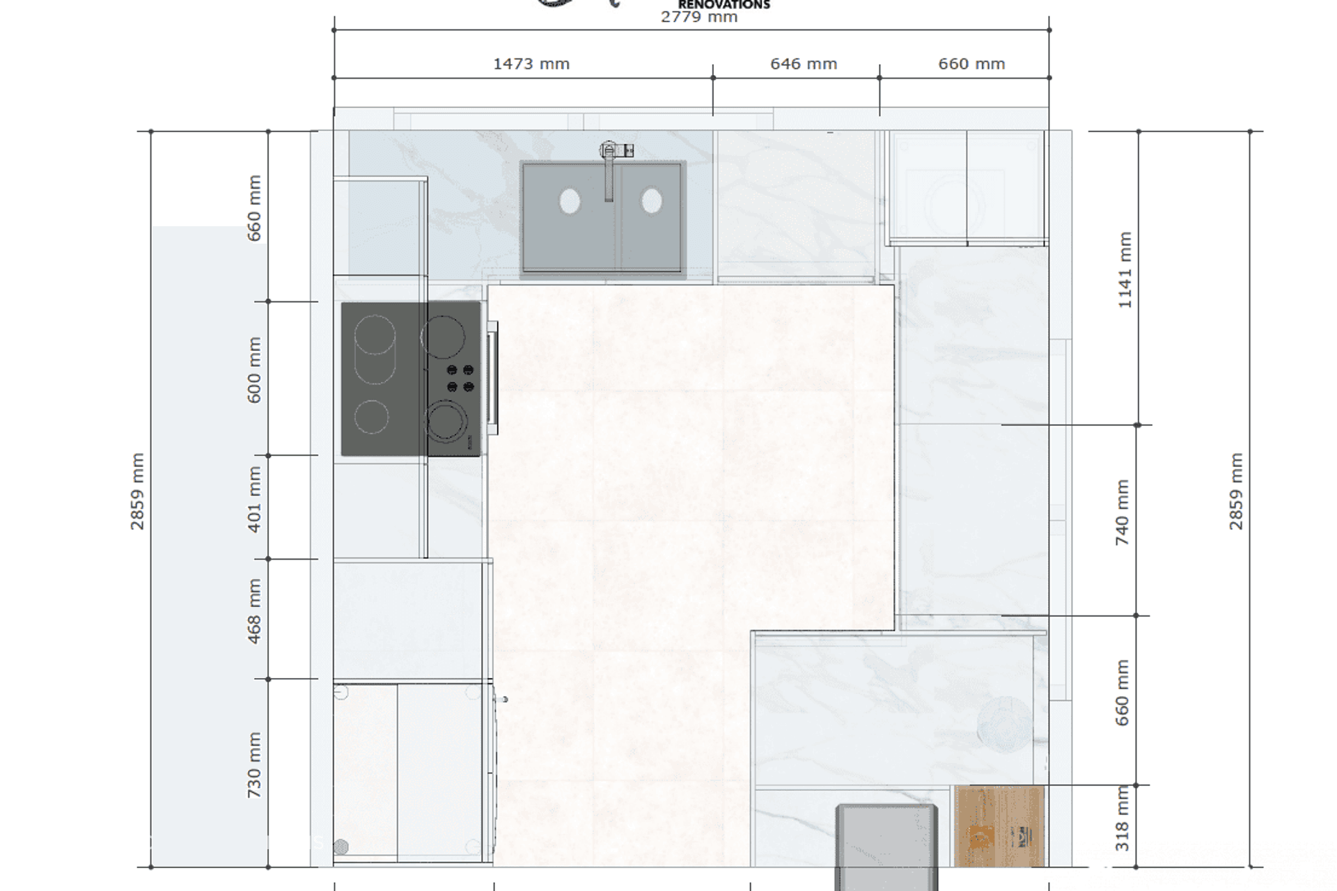 Example of the above kitchens measurements.