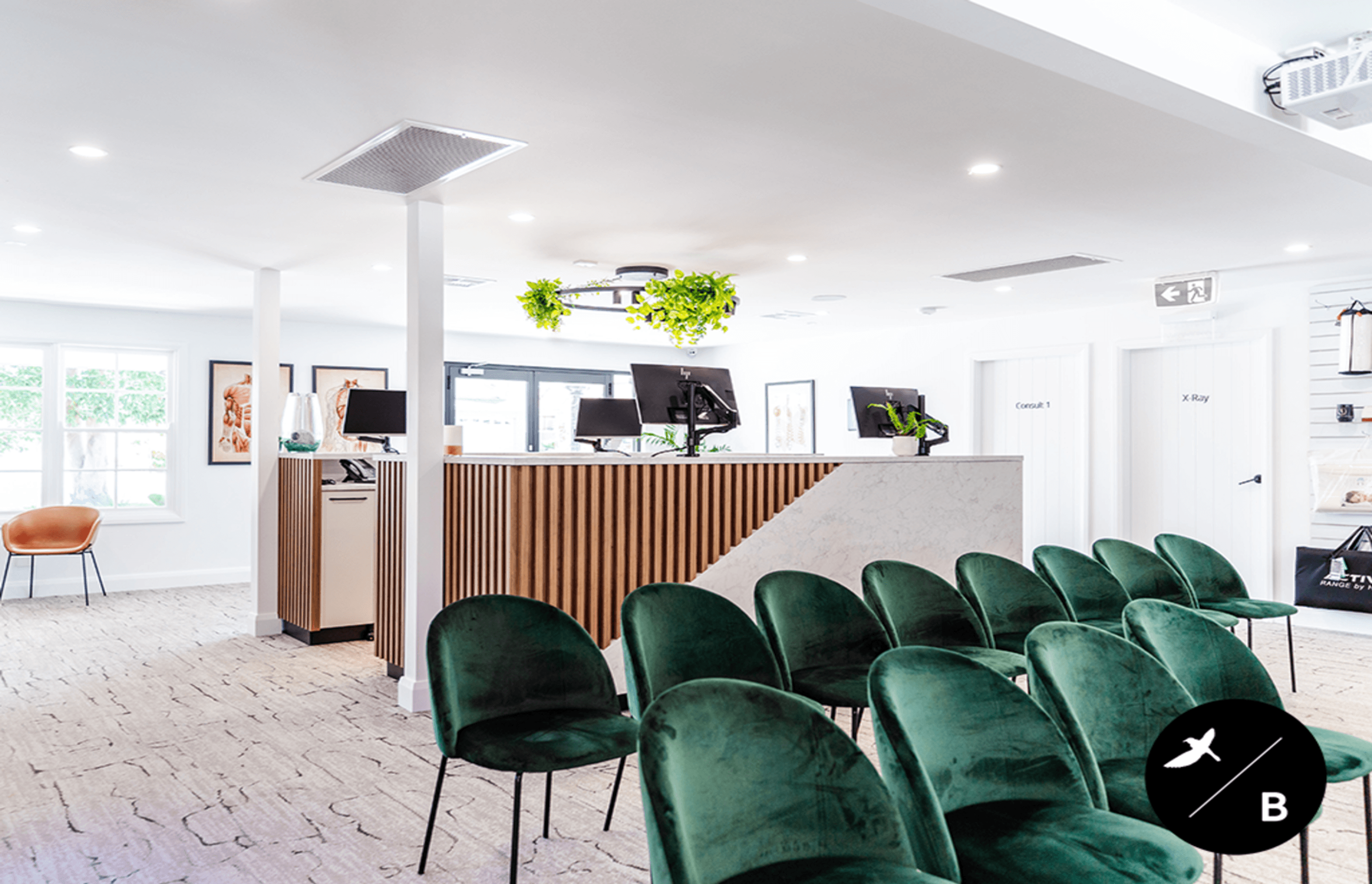 These beautiful emerald green velvet chairs are so comfortable and inviting. The perfect chairs for patients to wait in. Interior Design &amp; Furniture Curation: Birdblack Design. Project Management: Matthew Field. Build Carpenter: Zac Forbes. Joinery Manufacturer: Mandziy’s Just Joinery. Electrician: Mick Lavery Electrical. Photography: Better Together Photography Co