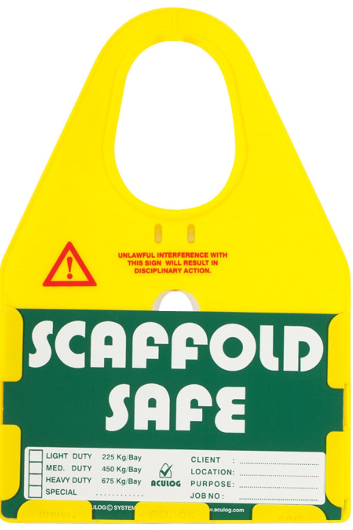 Aculog safe scaffold tag with insertable card that Peninsula Scaffolding uses, recording weekly safety check visits