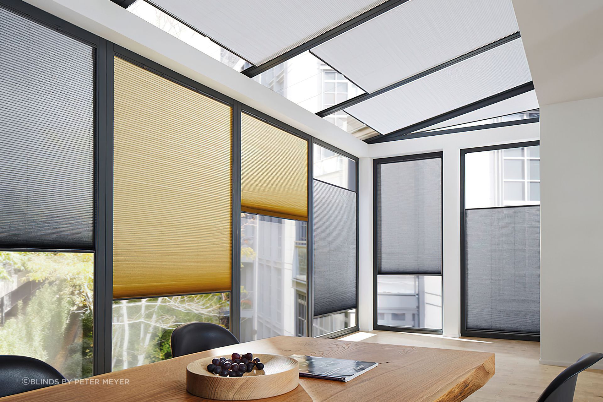 Light filtering fabric filters glare and harsh sunlight.