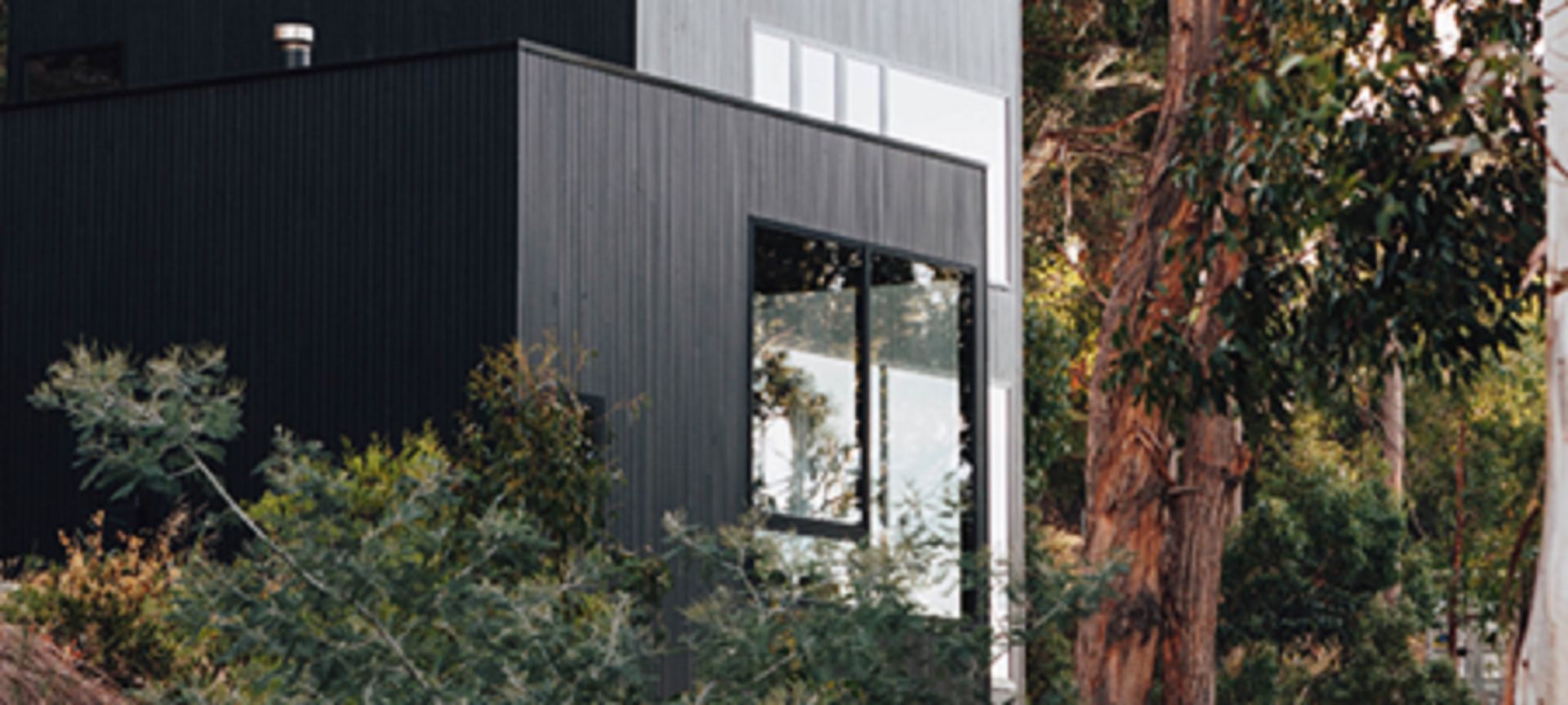 Consisting of two linked timber clad pavilions coated in Palm Beach Black. The property looks over the Derwent River and rooftops of central Hobart. Photograph: Emily Weaving.