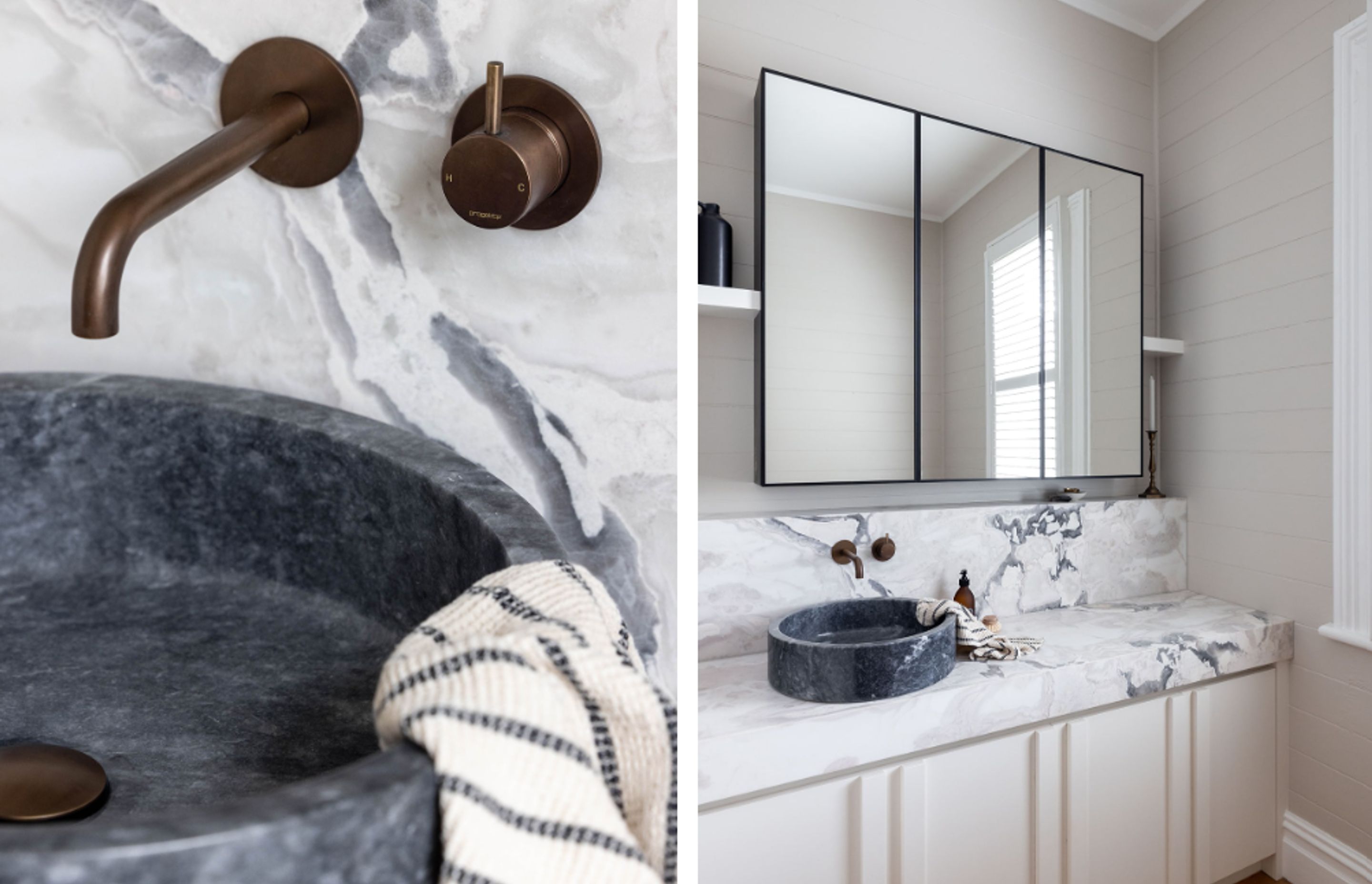 Bathroom design by Michael Murray Studios, marble accessorised with Buddy aged brass organic Tapware