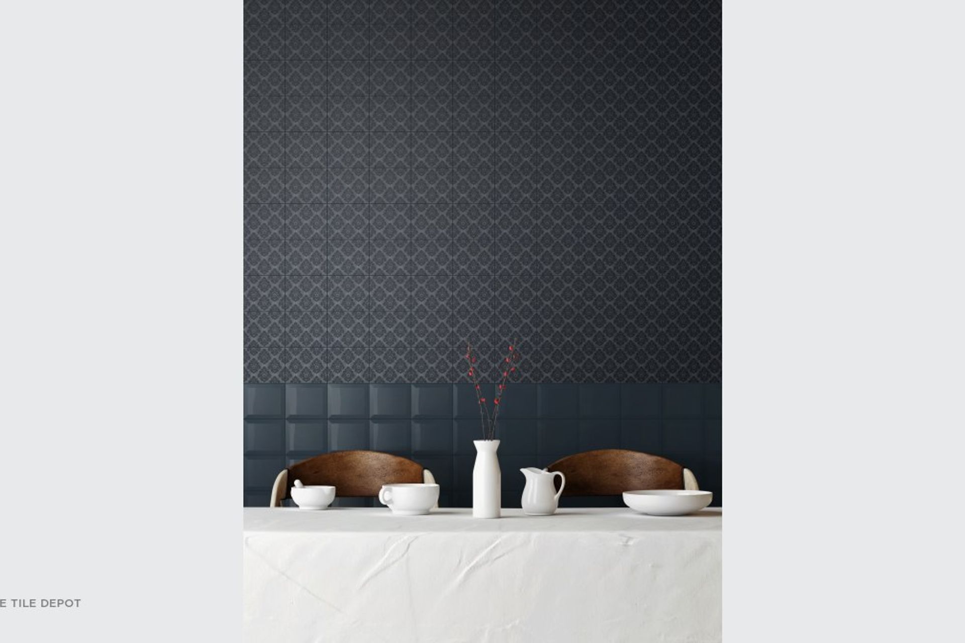 Two different types of tiles are used to create this feature wall. The tiles are glazed ceramic with a satin finish which makes them look almost like a wall paper. This bold feature wall adds a sense of modern sophistication to the space and come from the