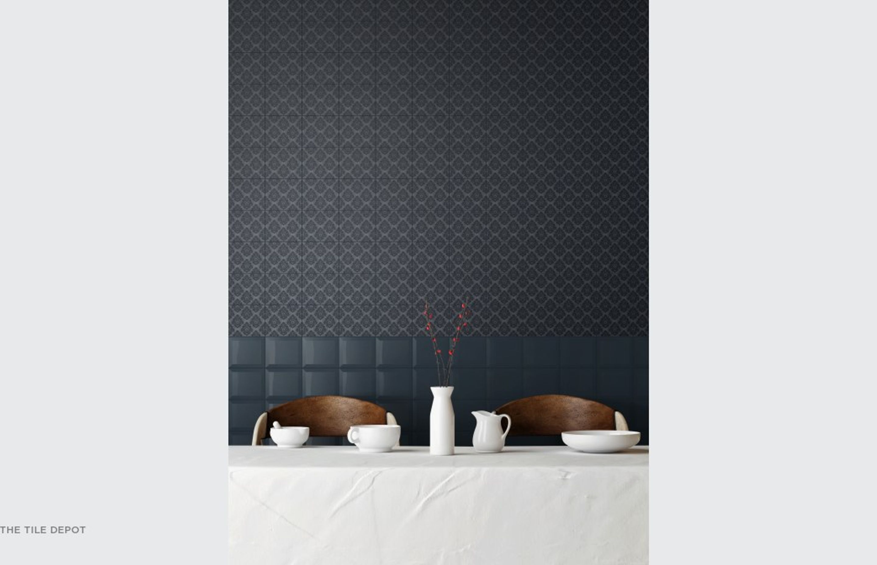 Two different types of tiles are used to create this feature wall. The tiles are glazed ceramic with a satin finish which makes them look almost like a wall paper. This bold feature wall adds a sense of modern sophistication to the space and come from the