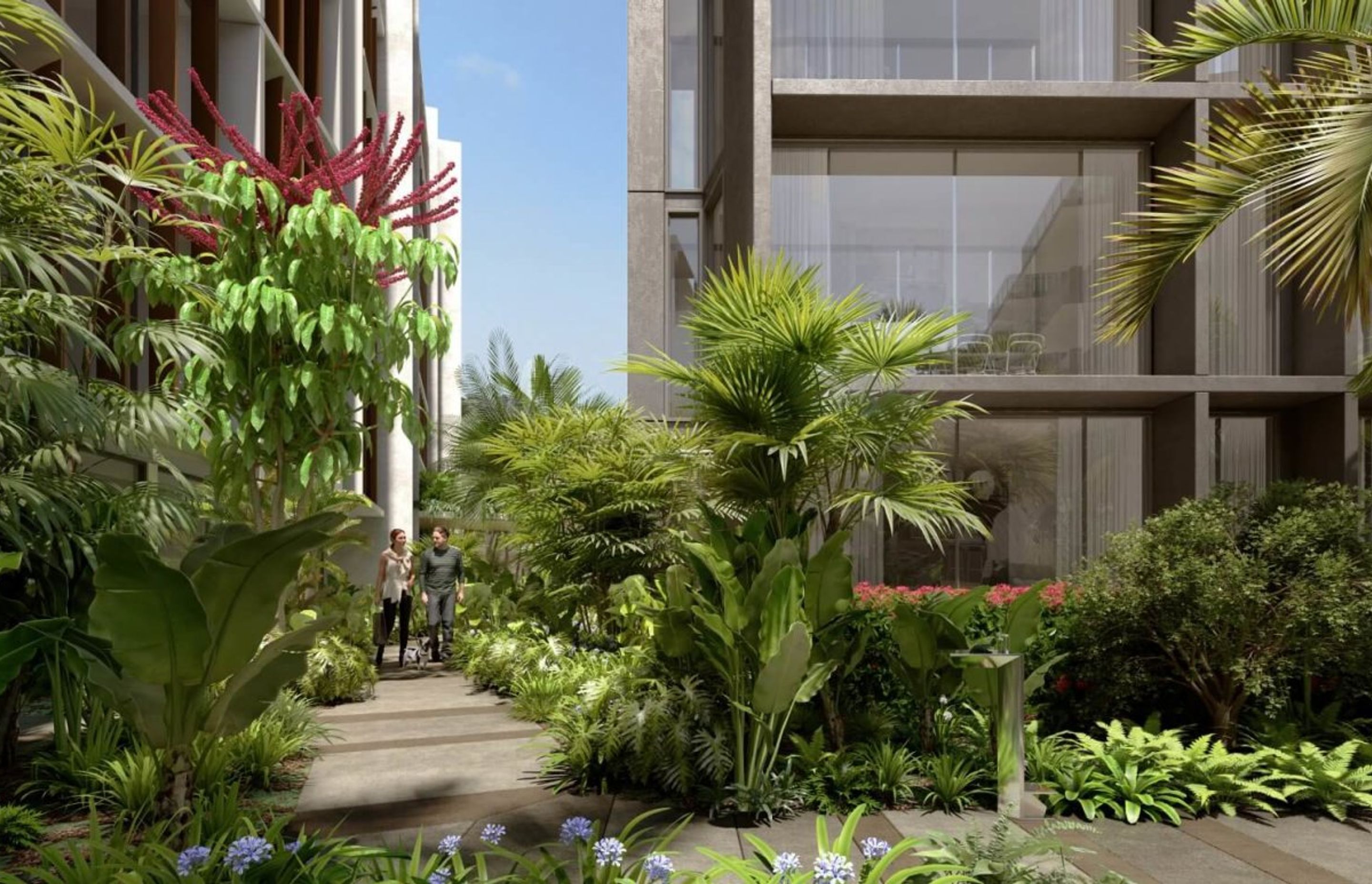 Boardwalks surrounded by lush tropical greenery and edible plants define the landscaping of the lower level, while the rooftops offer a more coastal, native aesthetic.