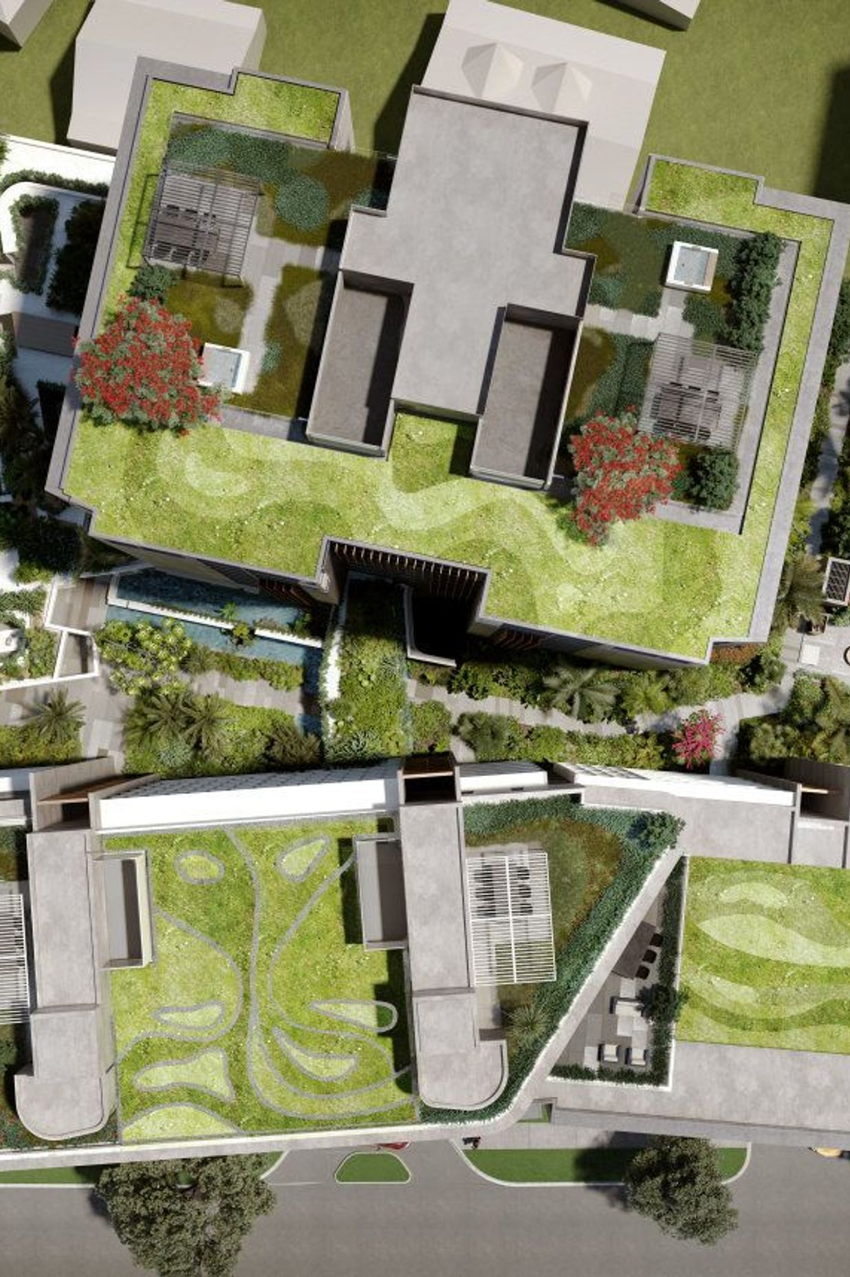 From above, Mark II appears as if a blanket of green has been draped over the buildings. Pohutukawa will be planted on the roofs along with a range of other plants and grasses.