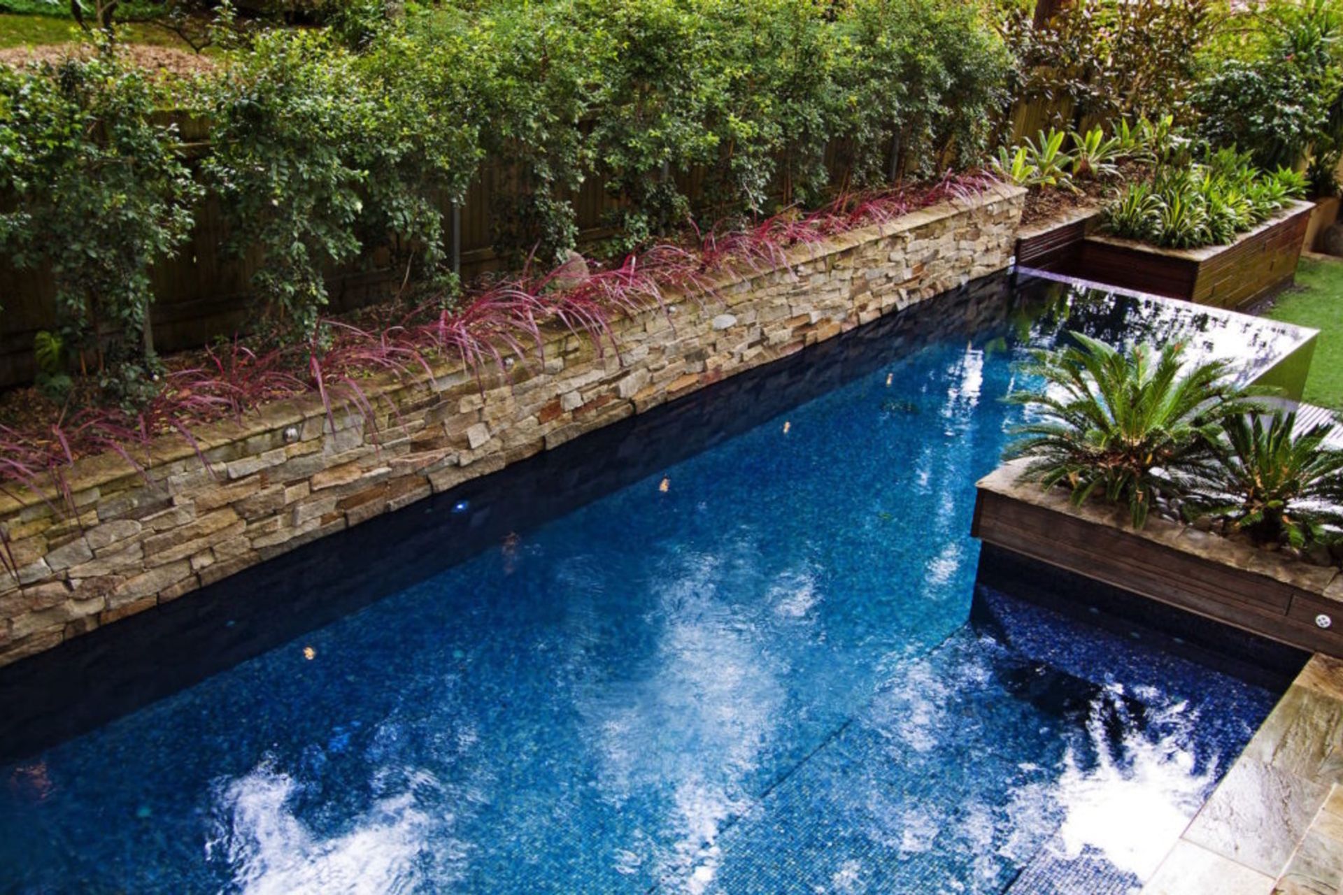 A stone wall can transform your pool into a lush natural feeling oasis. Featured project: Lindfield.