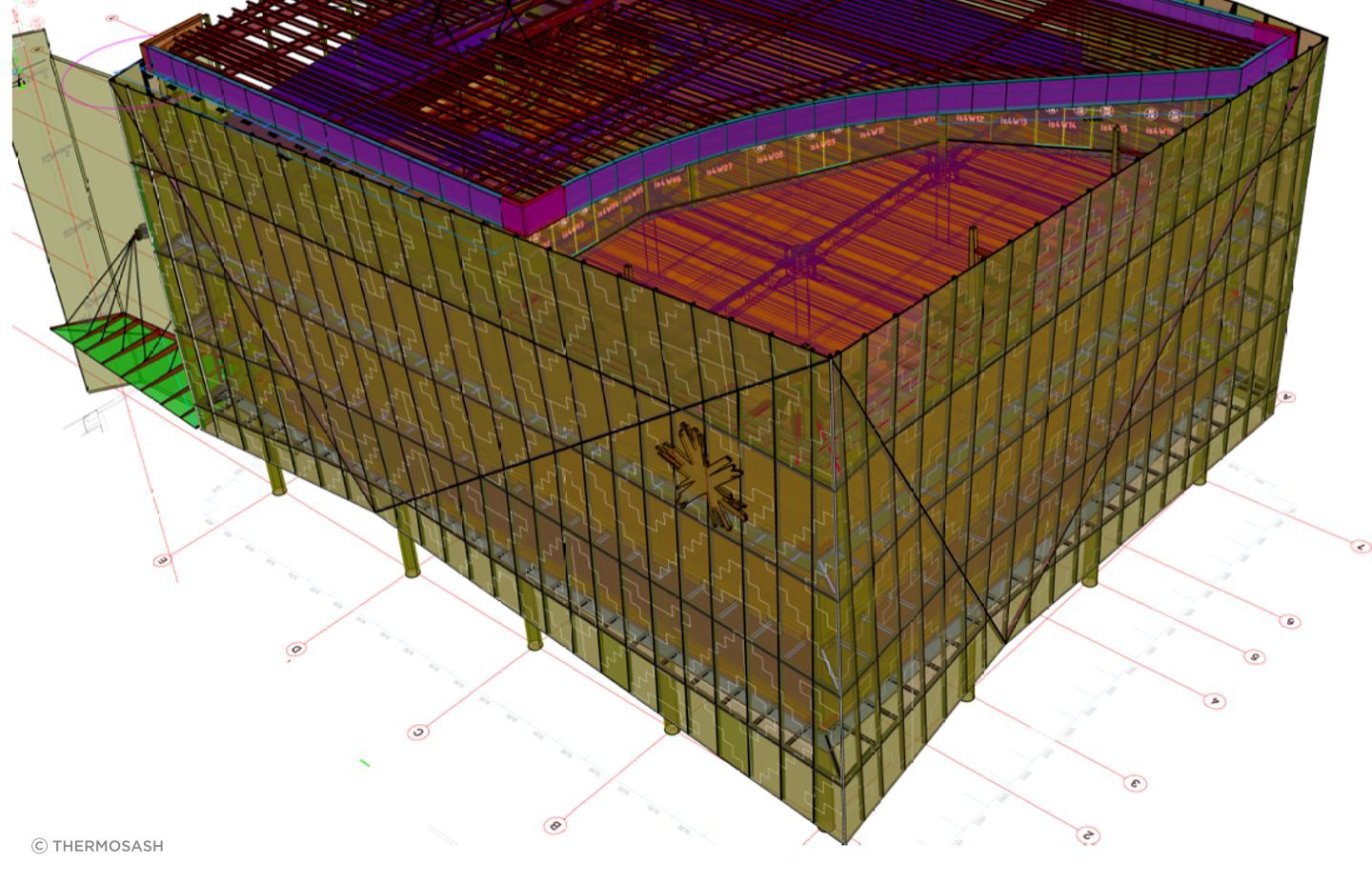 Thermosash's elevation showing its 3D-modelling for the 'twin-skin' element of the facade.