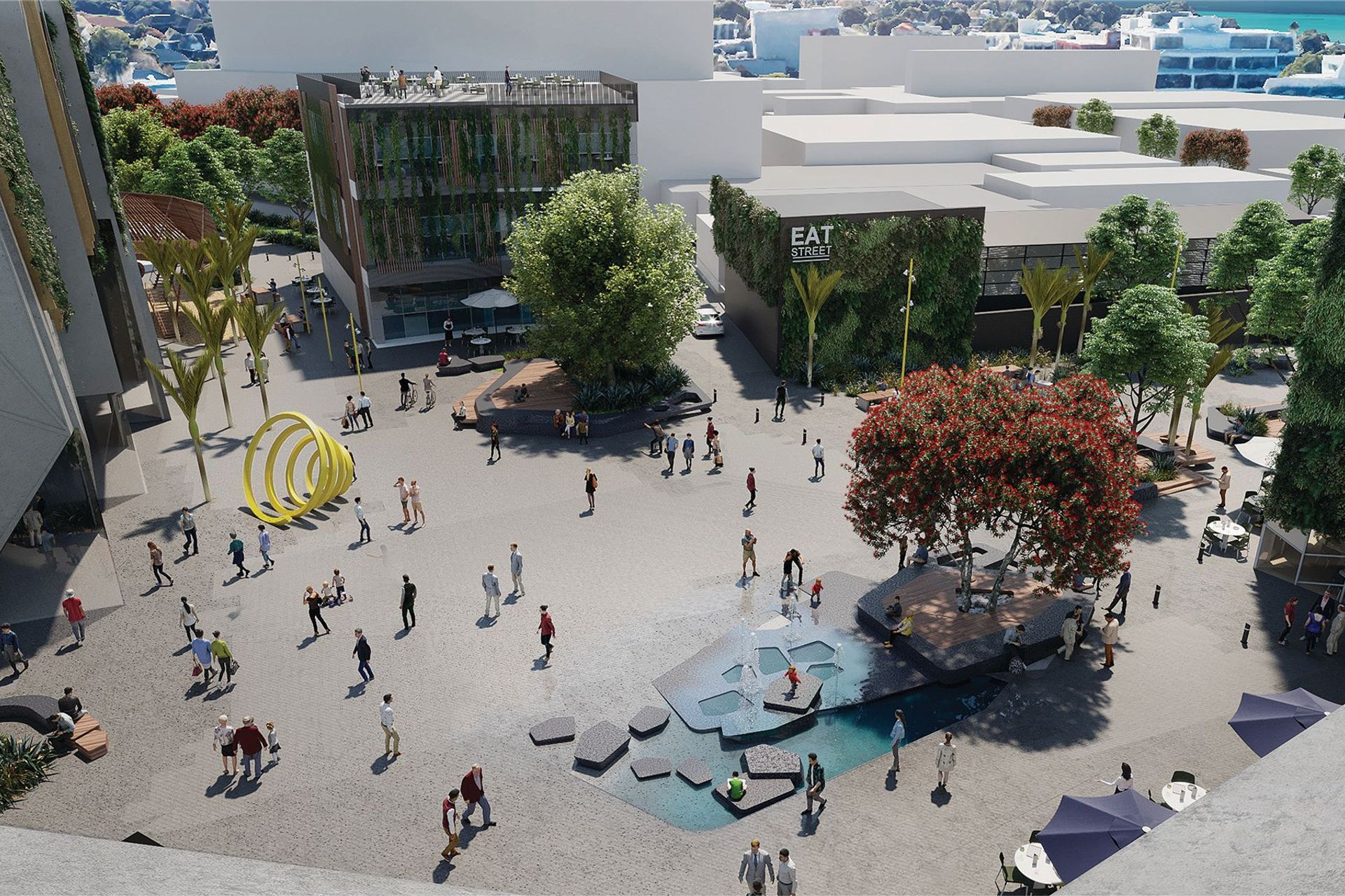 The design includes a water feature, outdoor dining areas, sculptures, and plenty of room for activities. Photo: Panuku Development Auckland