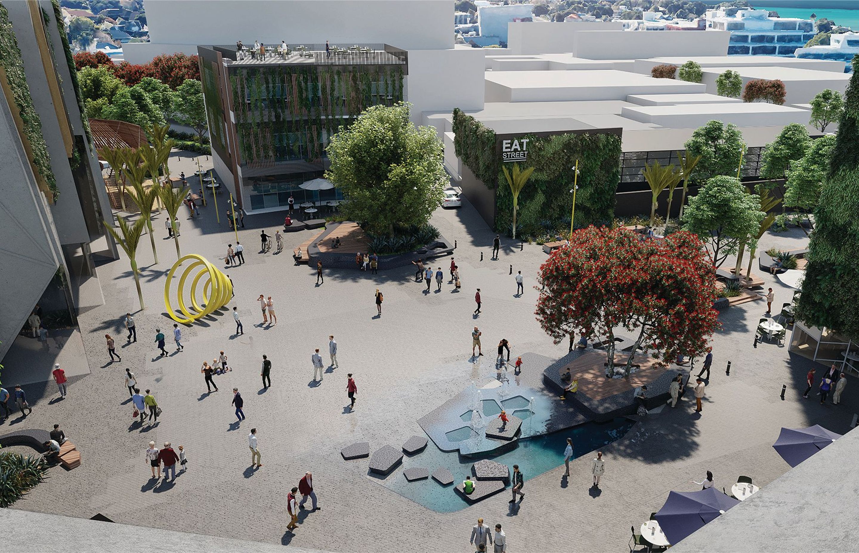 The design includes a water feature, outdoor dining areas, sculptures, and plenty of room for activities. Photo: Panuku Development Auckland