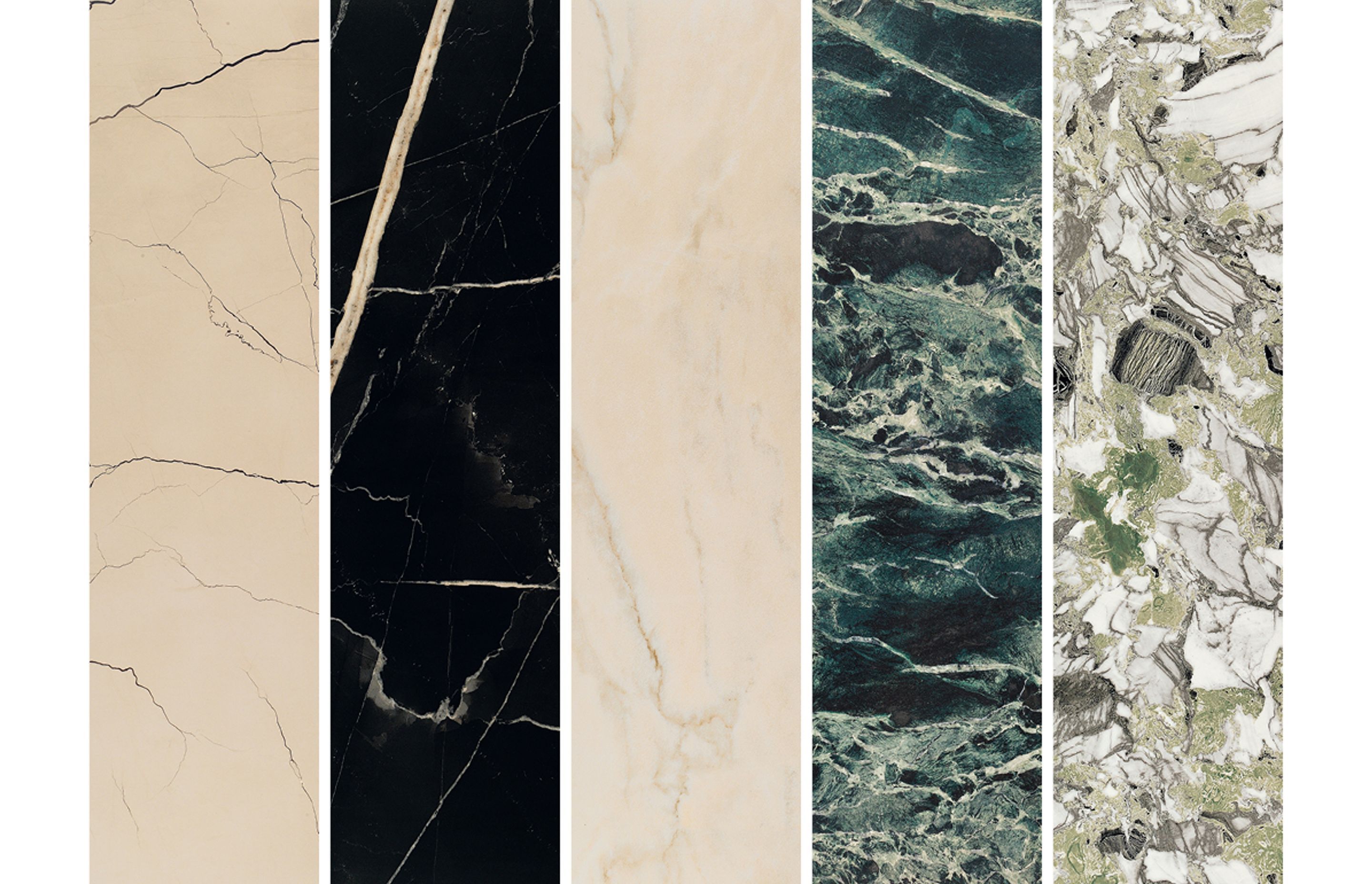 The five base tiles of the Sound of Marbles collection, from left: Beige Antico, Nero Fondo, Rosa Cipria, Verde Intenso and Screziato Vivace.