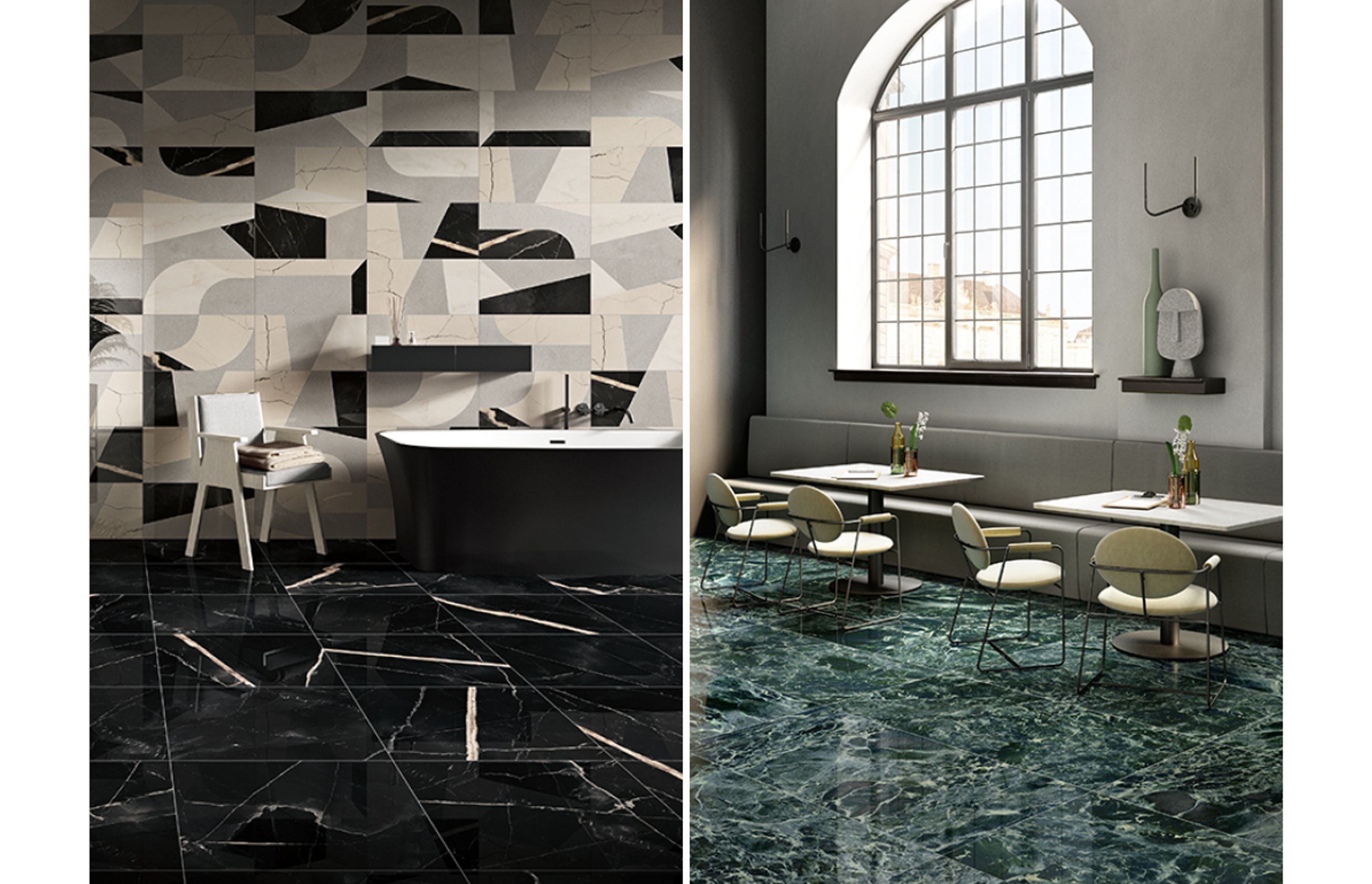 Designed to be used in conjunction—this bathroom features Fiomood Nero tiles on the walls and Nero Fondo tiles on the floor—or singularly to create maximum impact—this restaurant features Verde Intenso tiles on the floor.