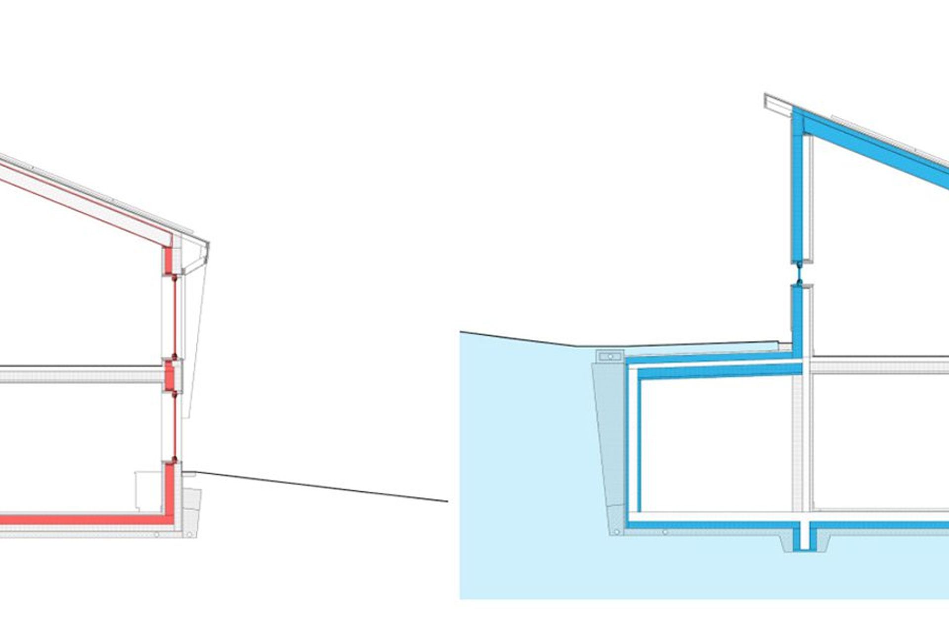 The home’s air-tightness layer highlighted (left). The home’s thermal insulation highlighted (right). Image courtesy of Sterner Design.