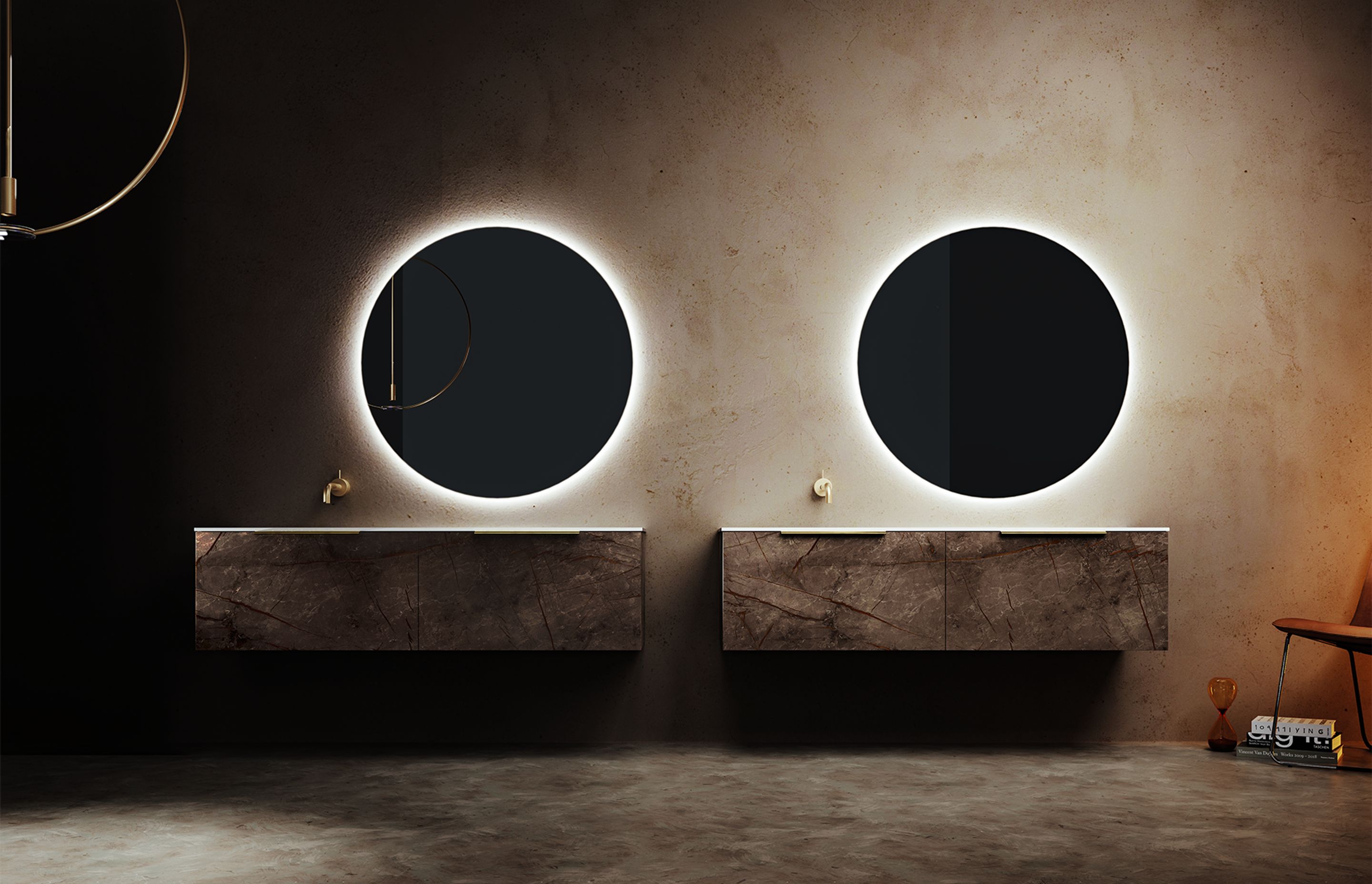 The rich browns and burgundy of Toscana marble look vanities in Caspio