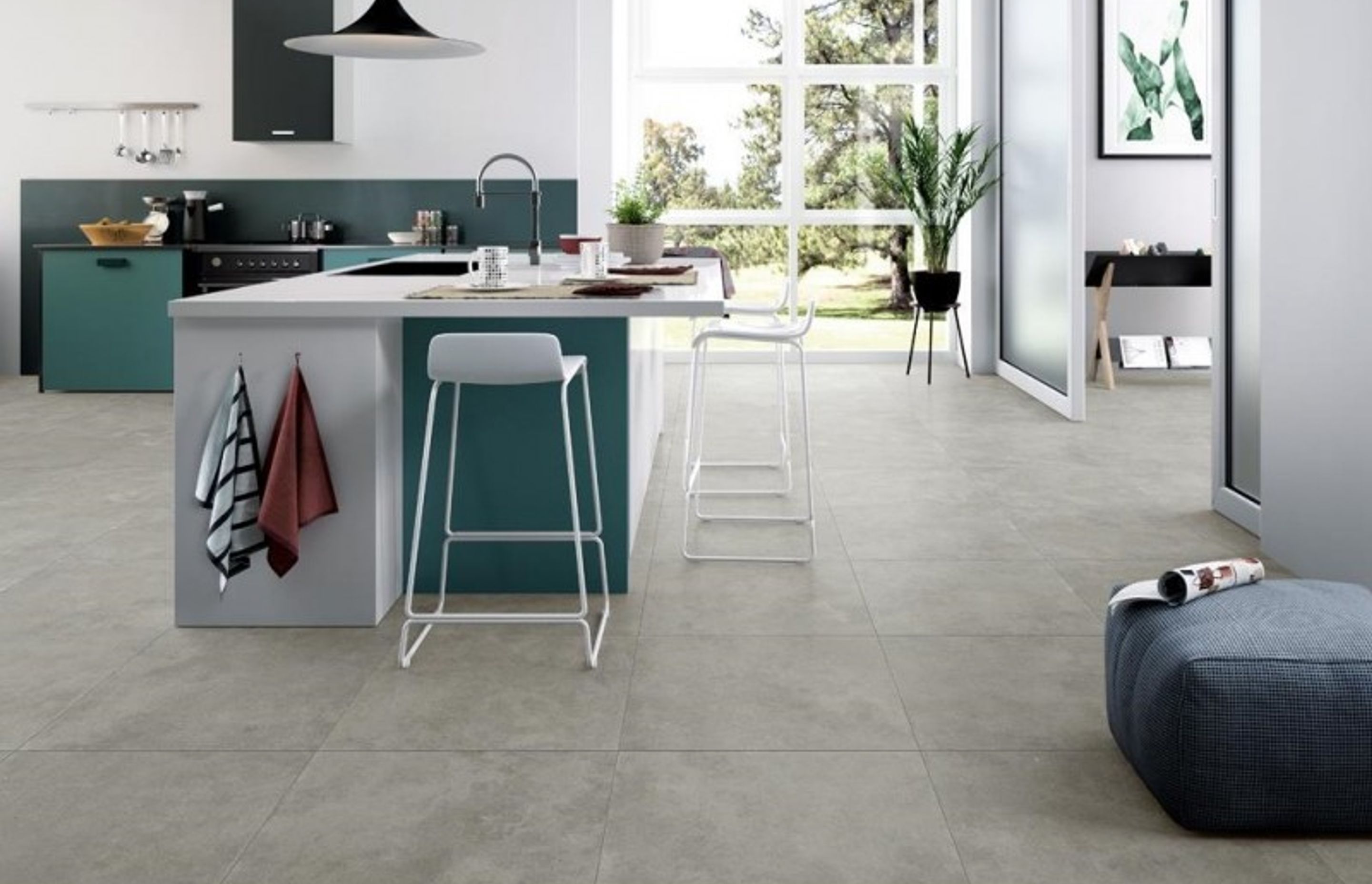 Another example of Glazed Porcelain tiles with a natural stone look. These matte tiles have been installed throughout the living area as well as the kitchen floors to give a unified look. (Tile Depot, 2021)