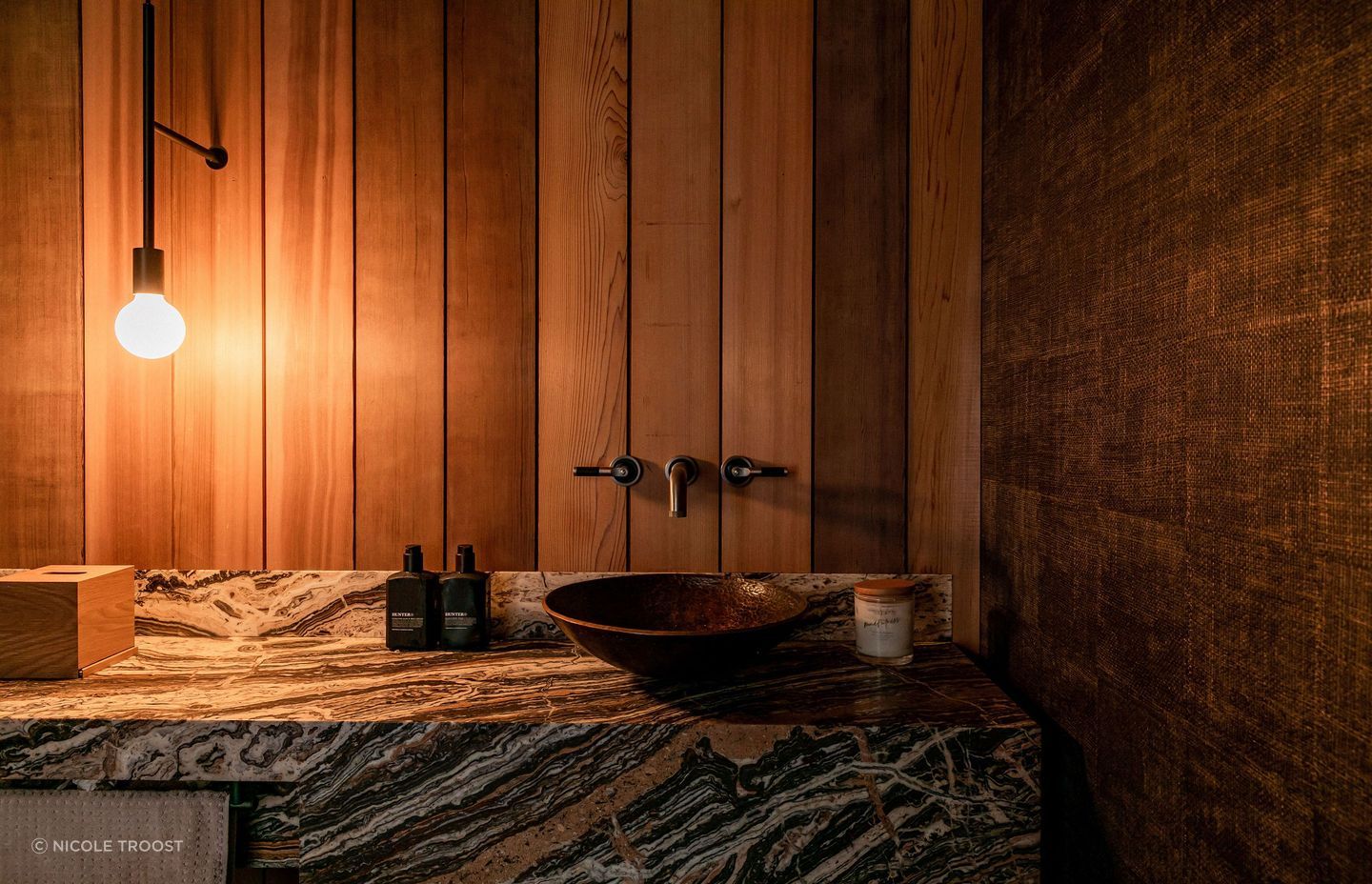 A guest powder room makes a very moody statement.