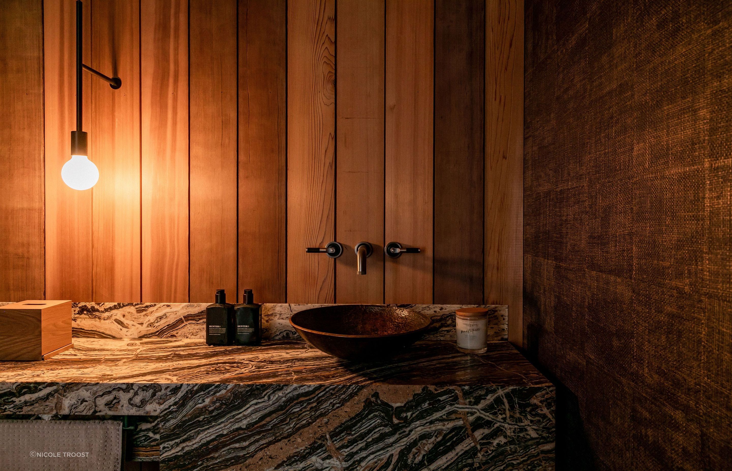 A guest powder room makes a very moody statement.