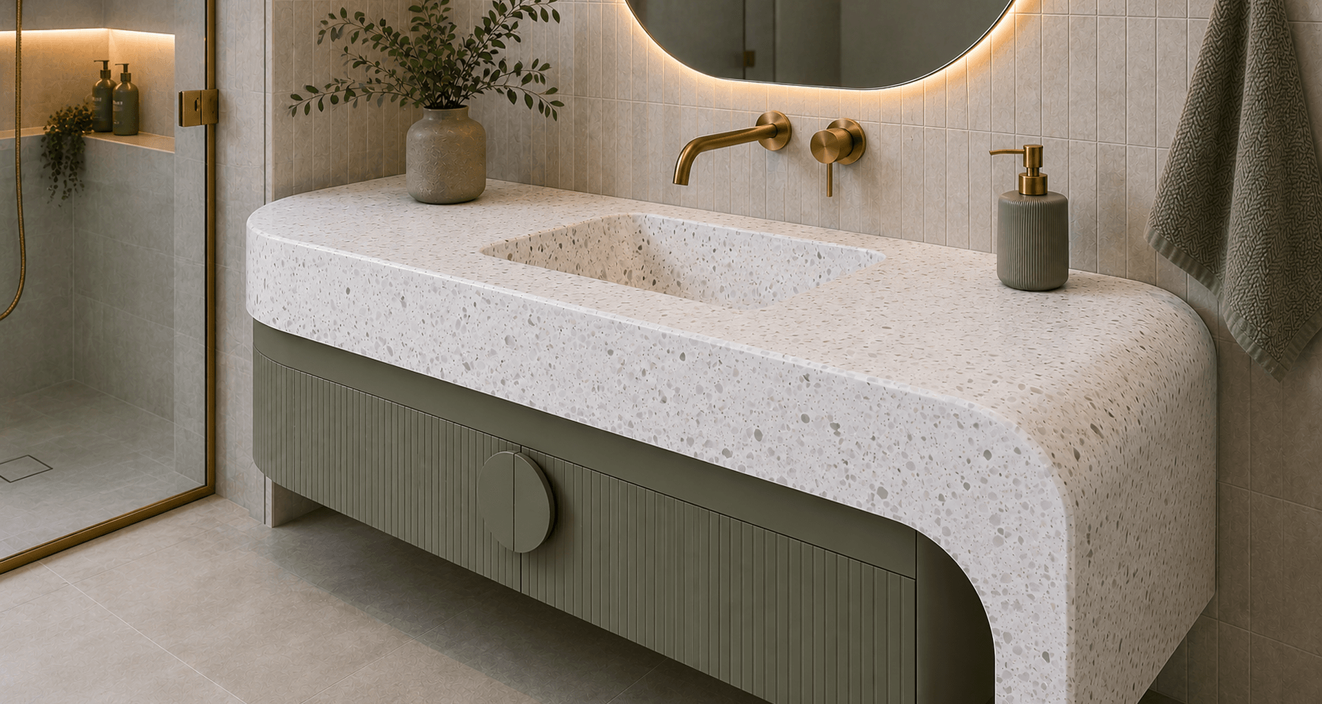 A statement in curves, thermoformed solid surface transforms a functional vanity into a seamless architectural feature, combining sculptural form with considered design.
