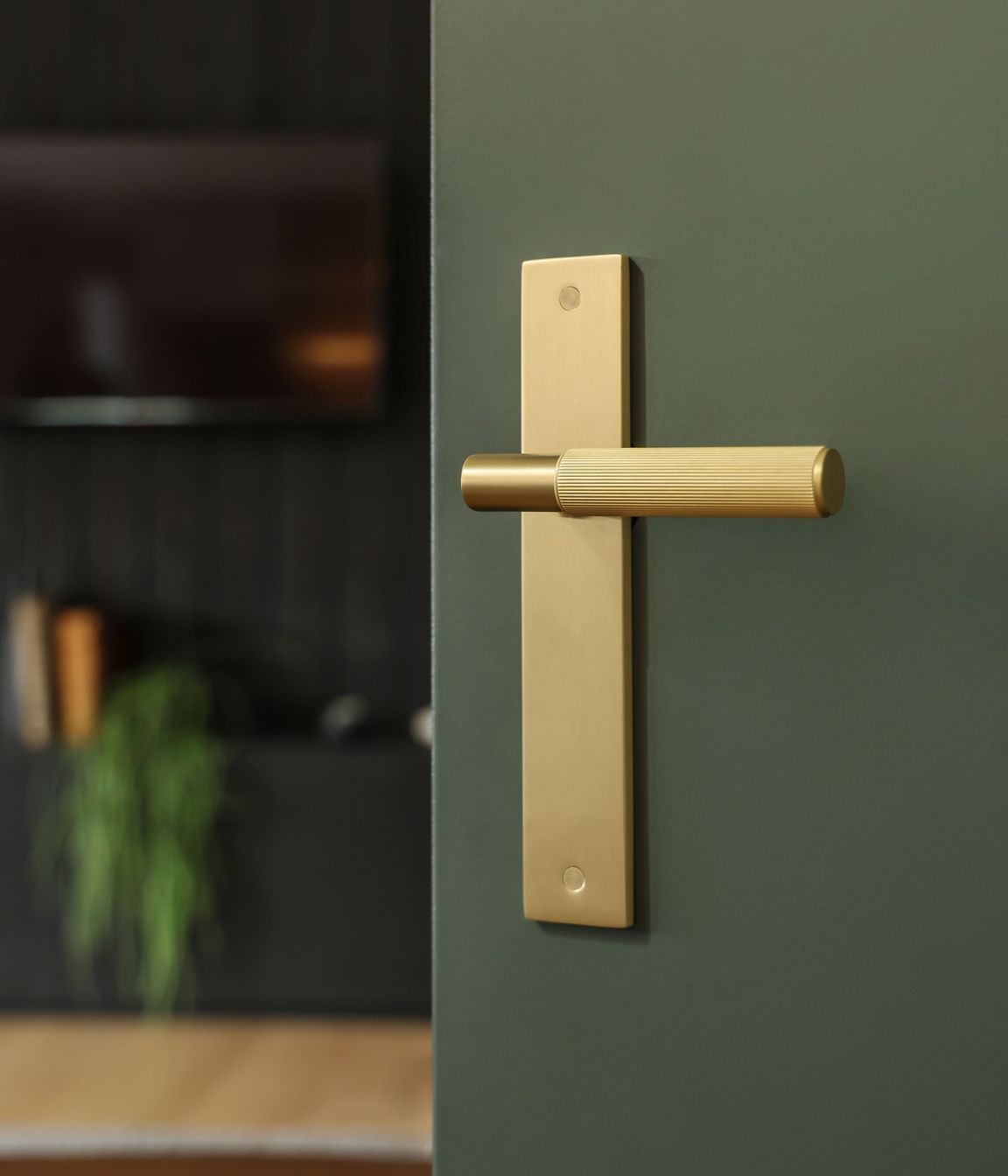 The sophisticated NIDO linear knurl in gold finish elevates the door.