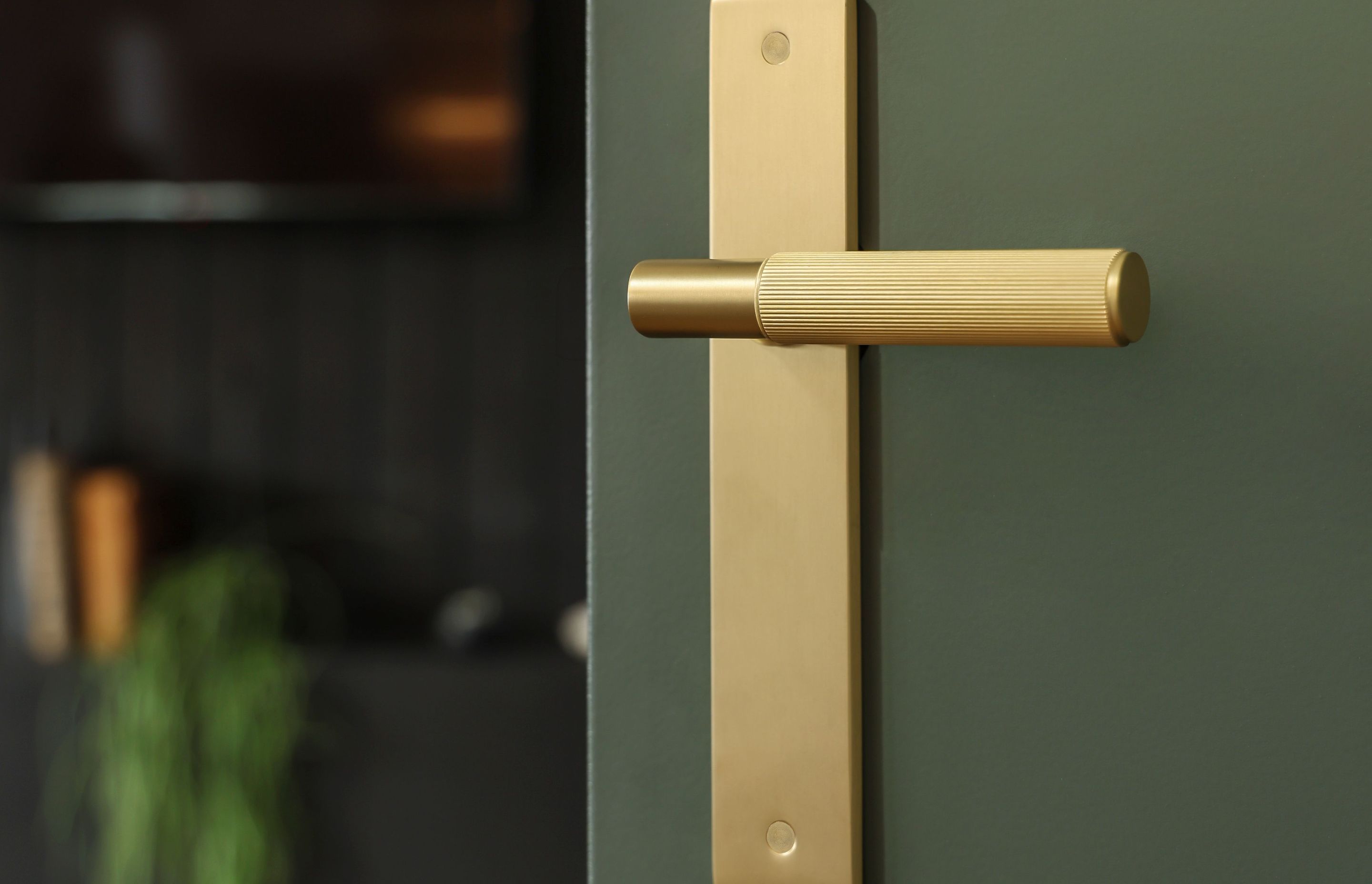 The sophisticated NIDO linear knurl in gold finish elevates the door.