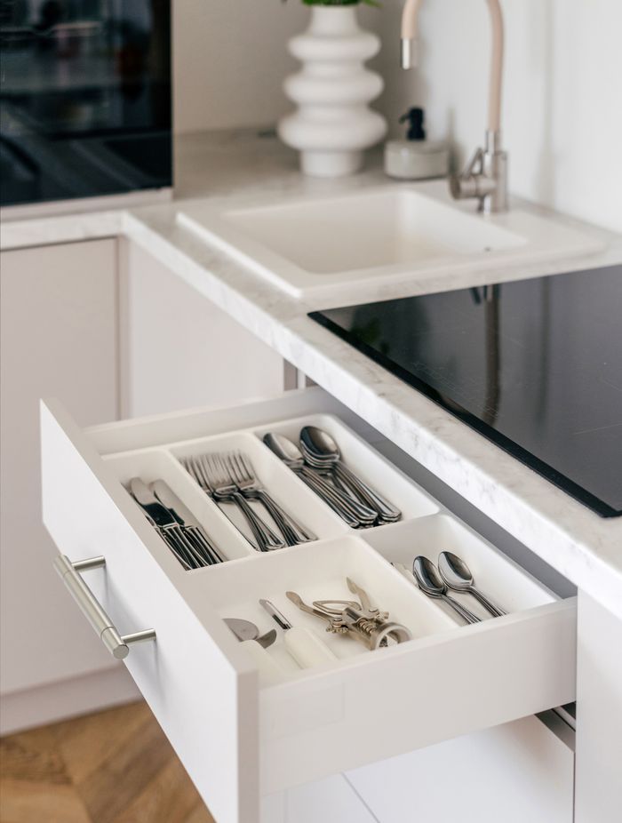 In Brushed Nickel, the small size handle is perfect in a contemporary white kitchen.