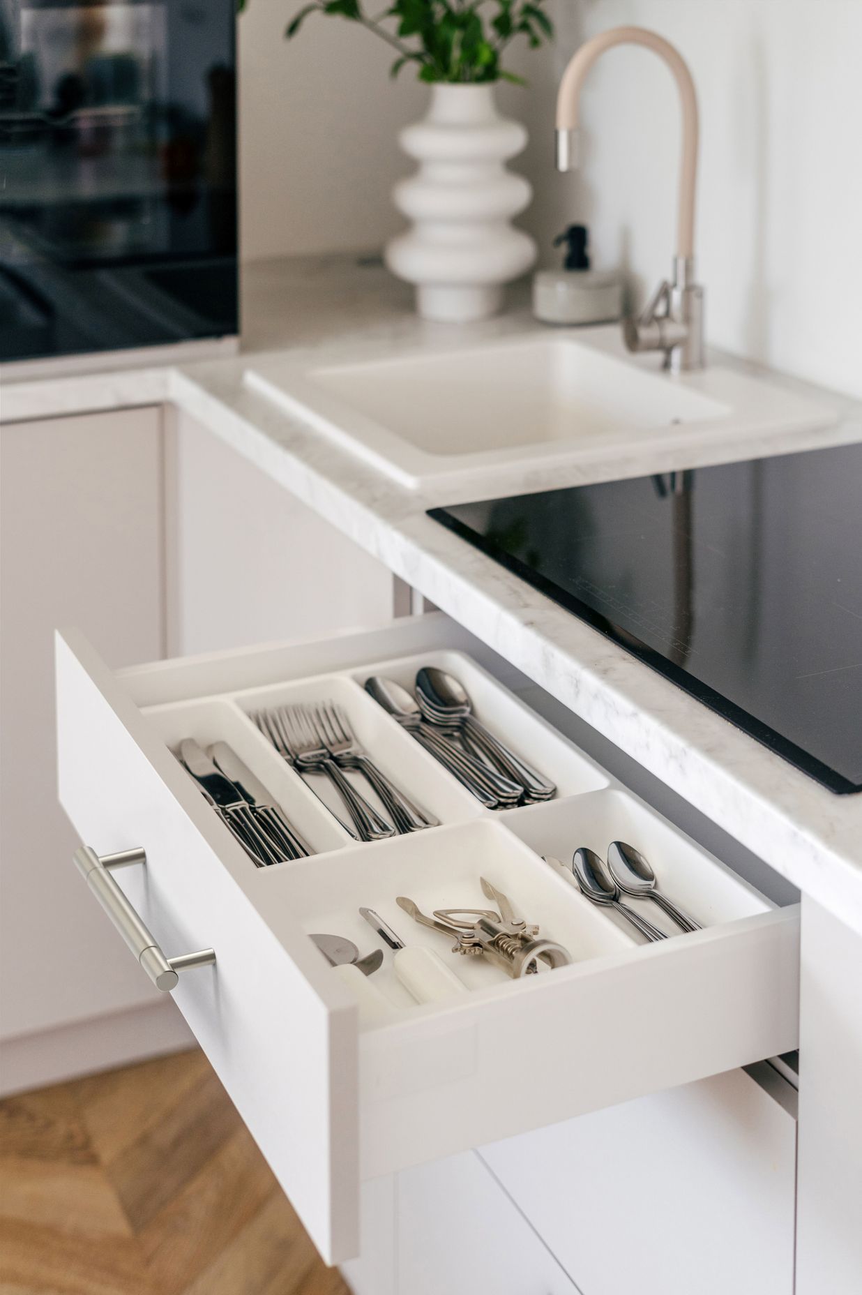 In Brushed Nickel, the small size handle is perfect in a contemporary white kitchen.