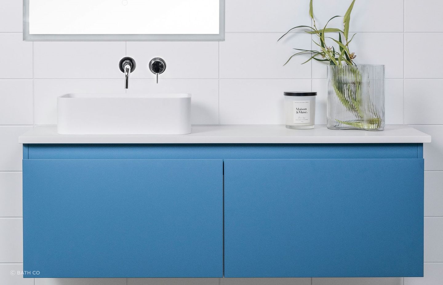 Bold colour choices, like the brilliant blue of the Tablo Slim Bathroom Vanity can be a lot of eye-popping fun.