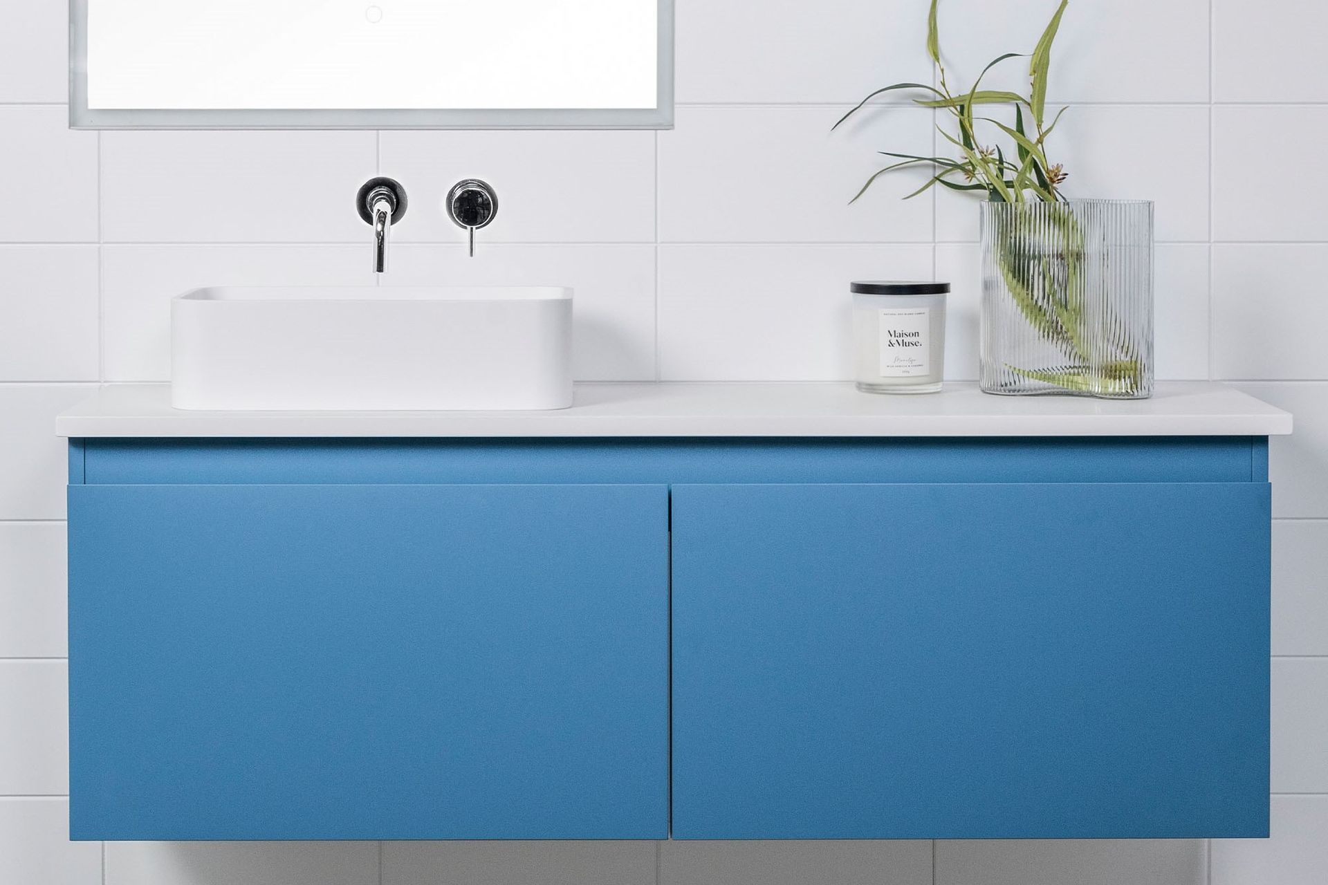 Bold colour choices, like the brilliant blue of the Tablo Slim Bathroom Vanity can be a lot of eye-popping fun.