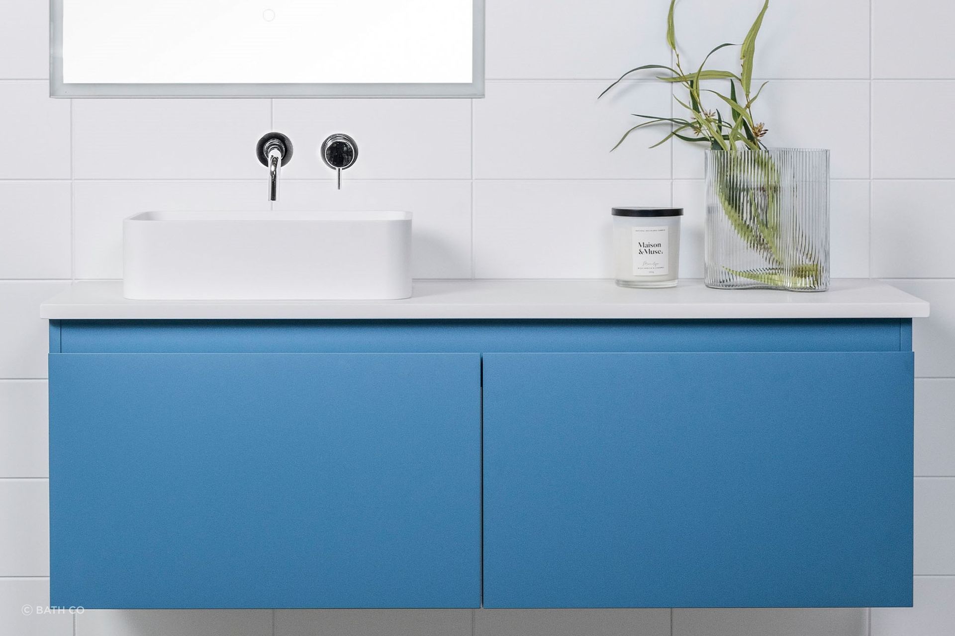 Bold colour choices, like the brilliant blue of the Tablo Slim Bathroom Vanity can be a lot of eye-popping fun.