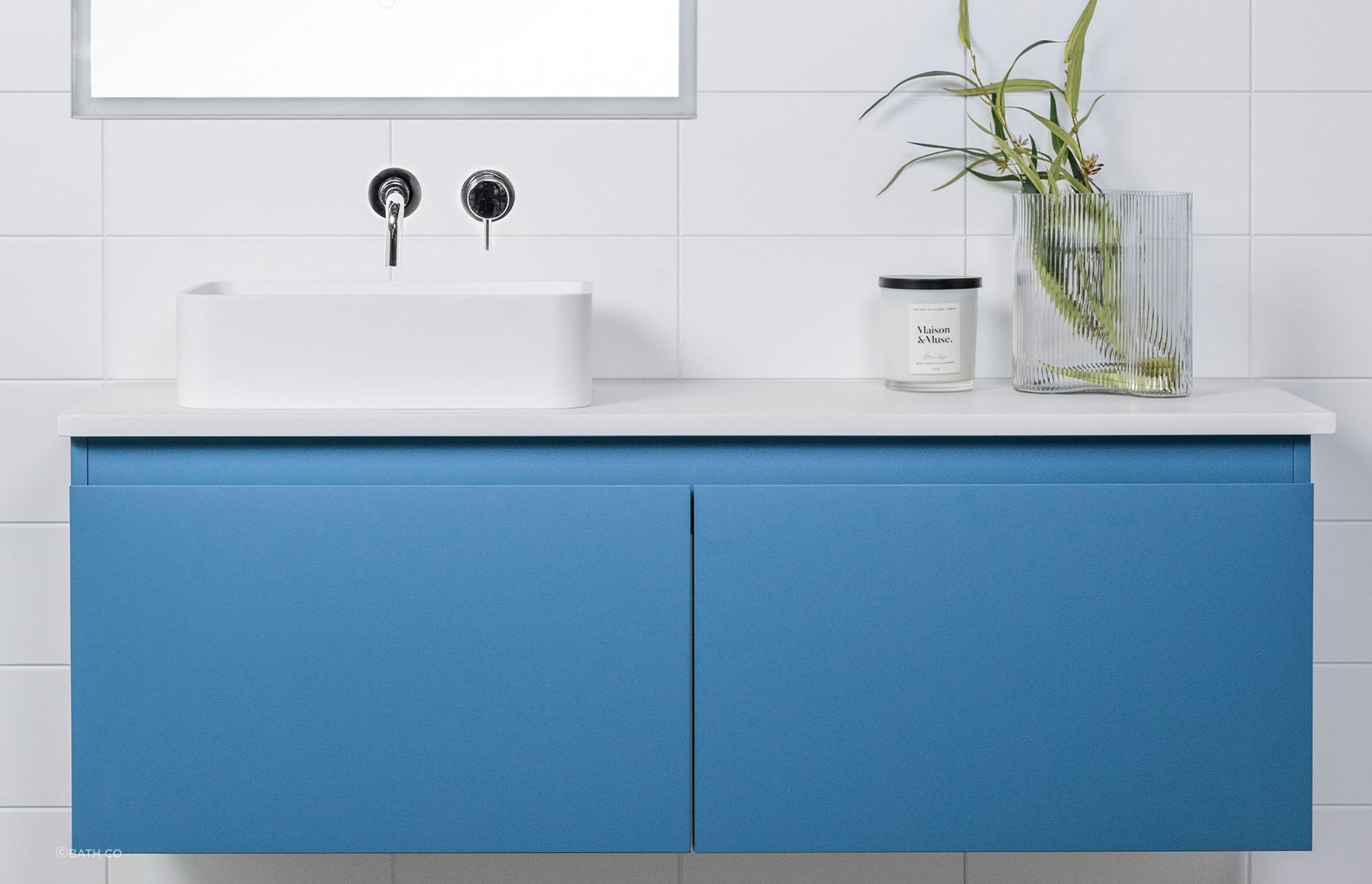 Bold colour choices, like the brilliant blue of the Tablo Slim Bathroom Vanity can be a lot of eye-popping fun.