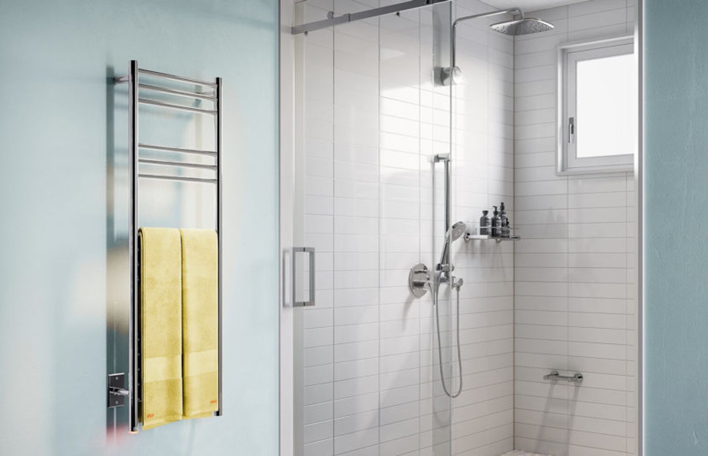 NATURAL 15 Bar 500mm heated towel rail with PTSelect Switch (US model shown here - square cover plate)