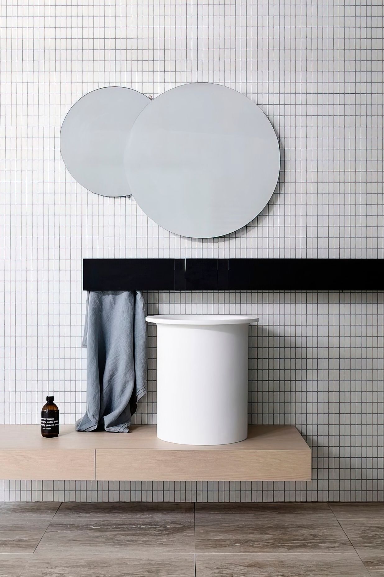 Travertine Roccia with INAX 2×1 Inch SU-2031 Hanten Glaze (Grid Join), Agape Eclissi Mirror, Agape Sen Tapware and Agape In-Out 3/4 Height Washbasin