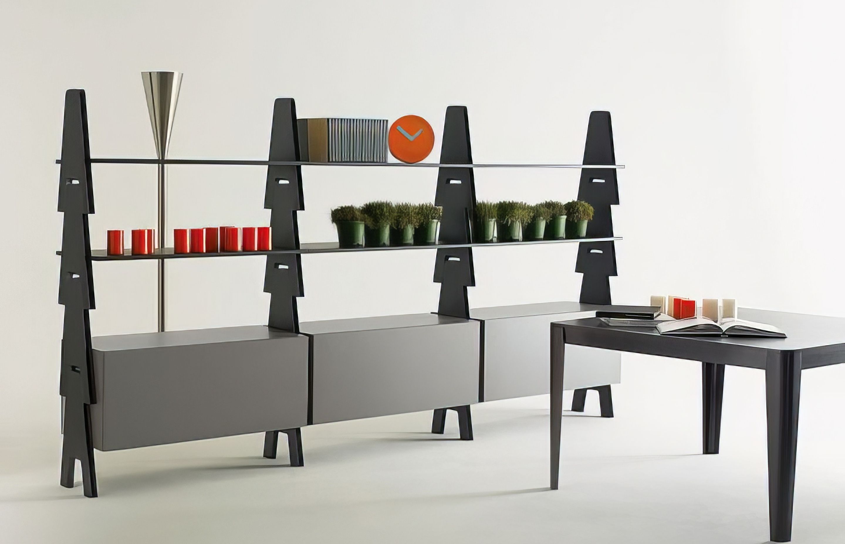 Three Cavalletto shelves and drawer arrangements in dark oak finish with grey drawer units. Designed by Angelo Mangiarotti in 1953.