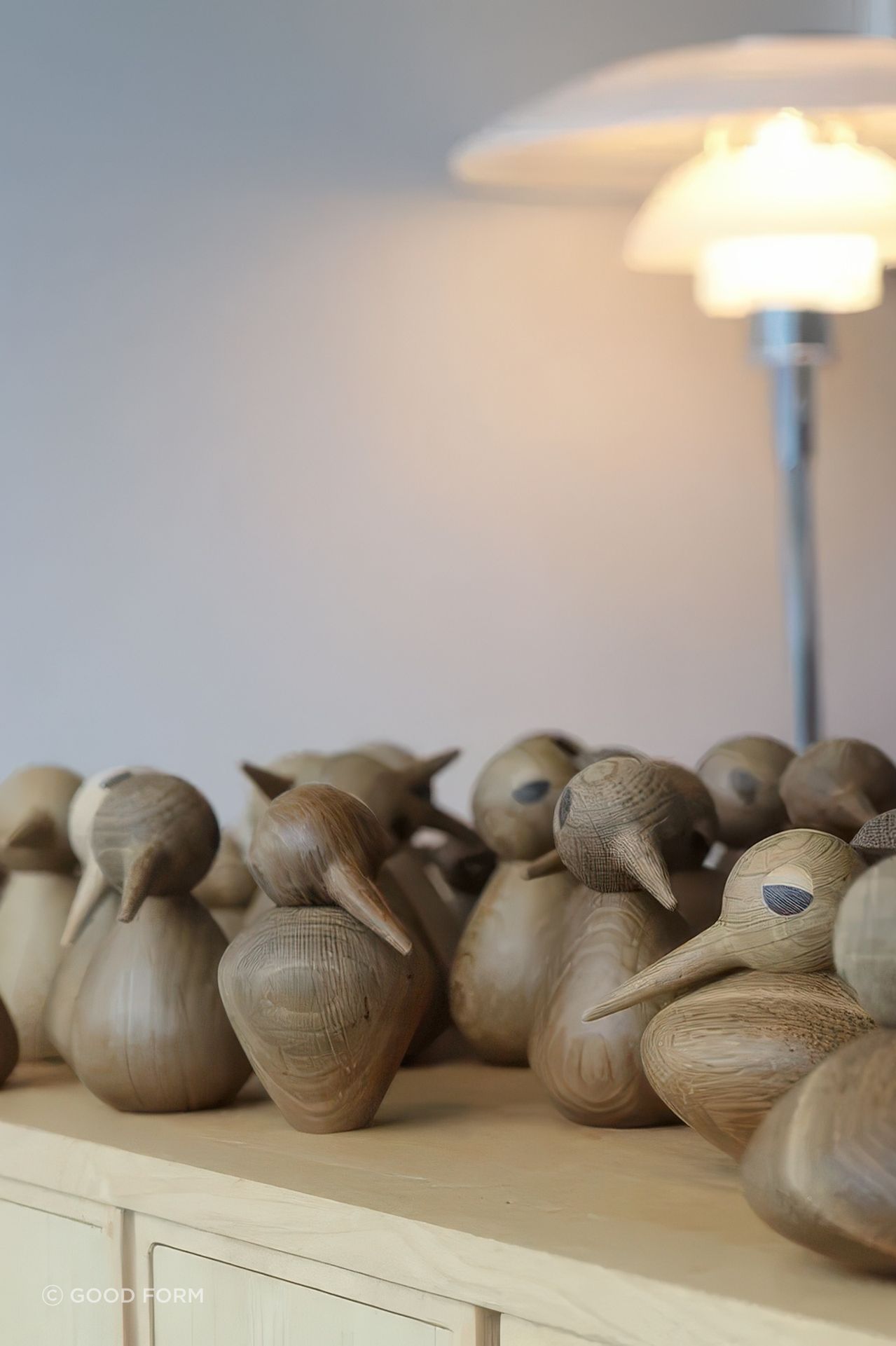 Kristian Vedel birds featured with the Ercol Canvas Sideboard, in our window at the Good Form gallery.