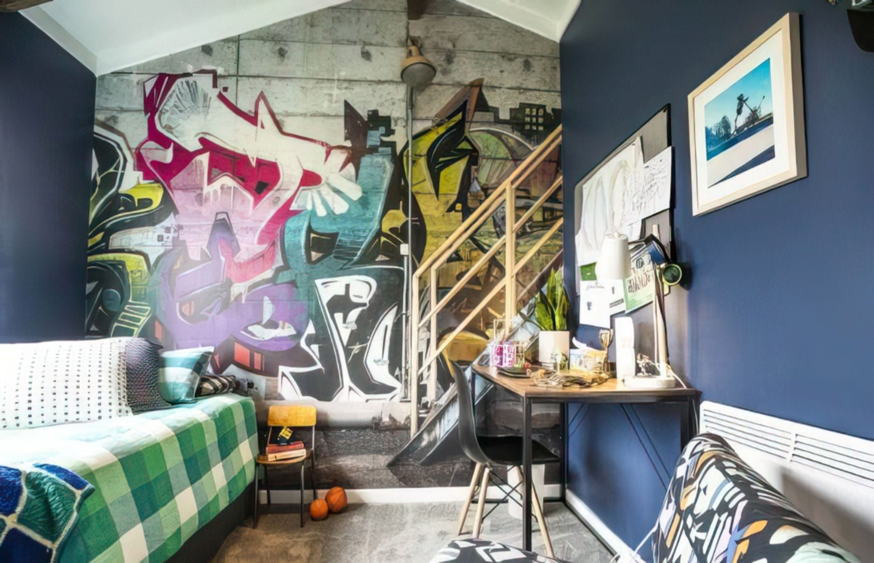 Carley Lloyd’s mother-in-law hung the graffiti wallpaper in nine-year-old Beau’s bedroom. The wallpaper was custom printed by Swedish company Rebel Walls.