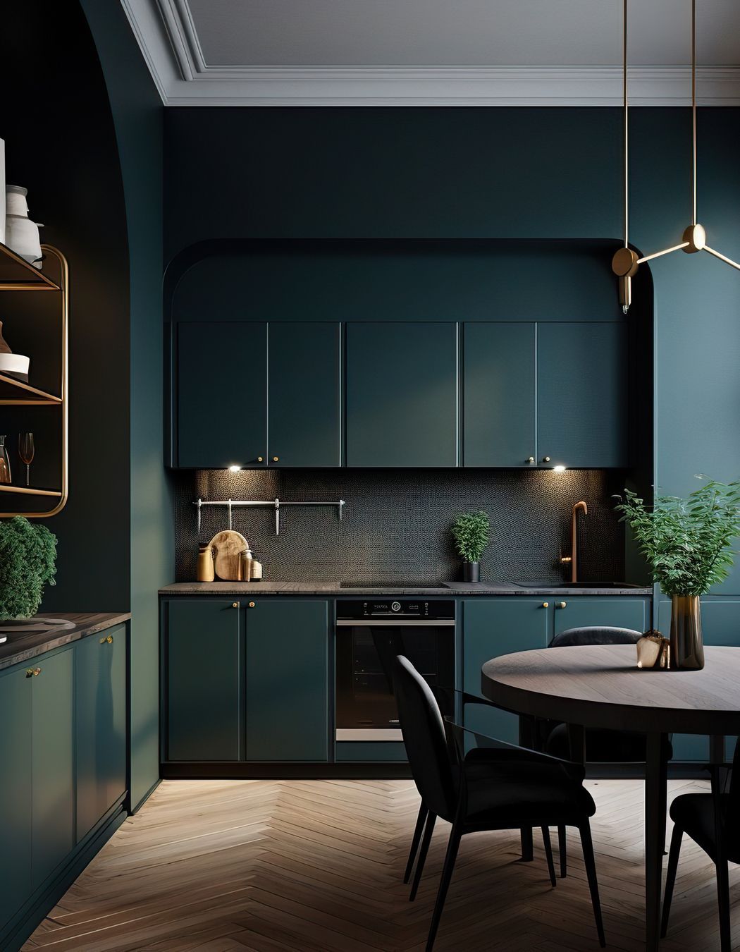 This modest-sized kitchen, which incorporates the dining table, feels luxurious due to the high ceilings, deep emerald cabinetry and brass accessories. (Image generated by Midjourney.)