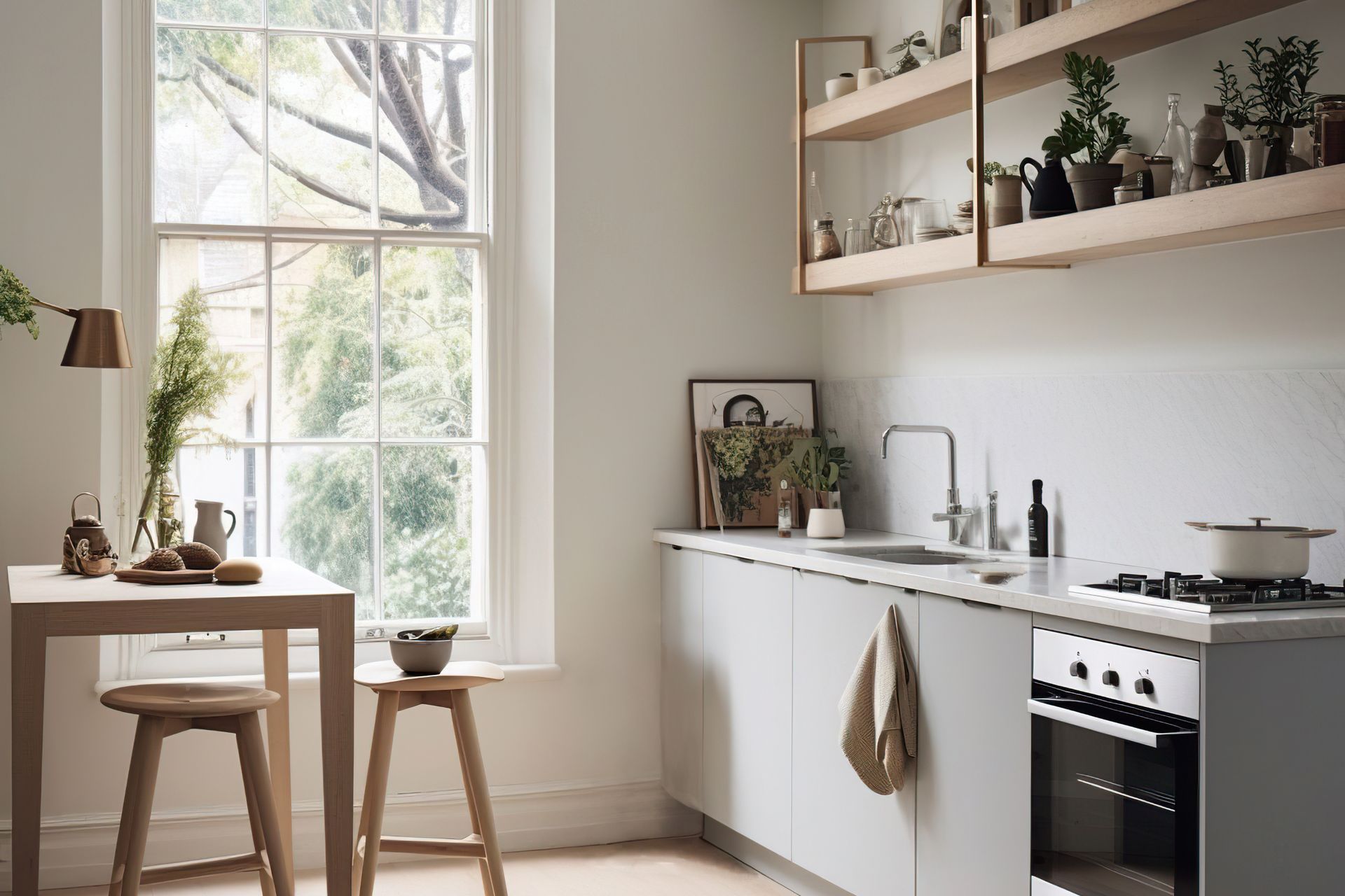 The light flooding through the window and the high ceilings makes this kitchen feel bright and airy. (Image generated using Midjourney.)