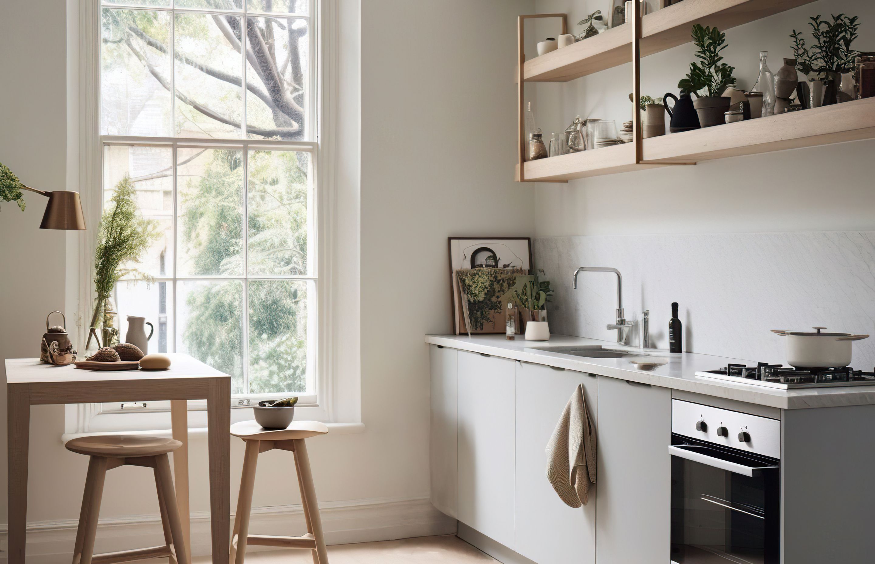 The light flooding through the window and the high ceilings makes this kitchen feel bright and airy. (Image generated using Midjourney.)