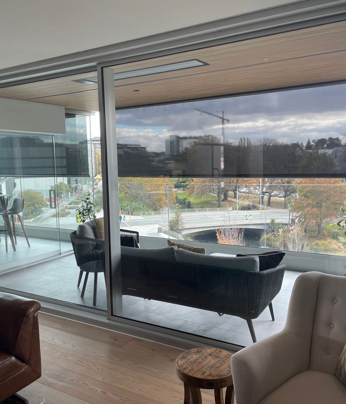 Cafe Blinds are a versatile solution for sun and breeze control. Robust and made without side rails it anchors in place with carabiners. Here it is shown with a strong bottom rail.