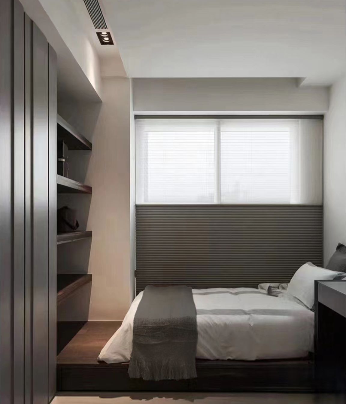 The Day Night Honeycomb blind incorporates two fabrics which can be lowered from the top and raised from the bottom offering total light and privacy control.