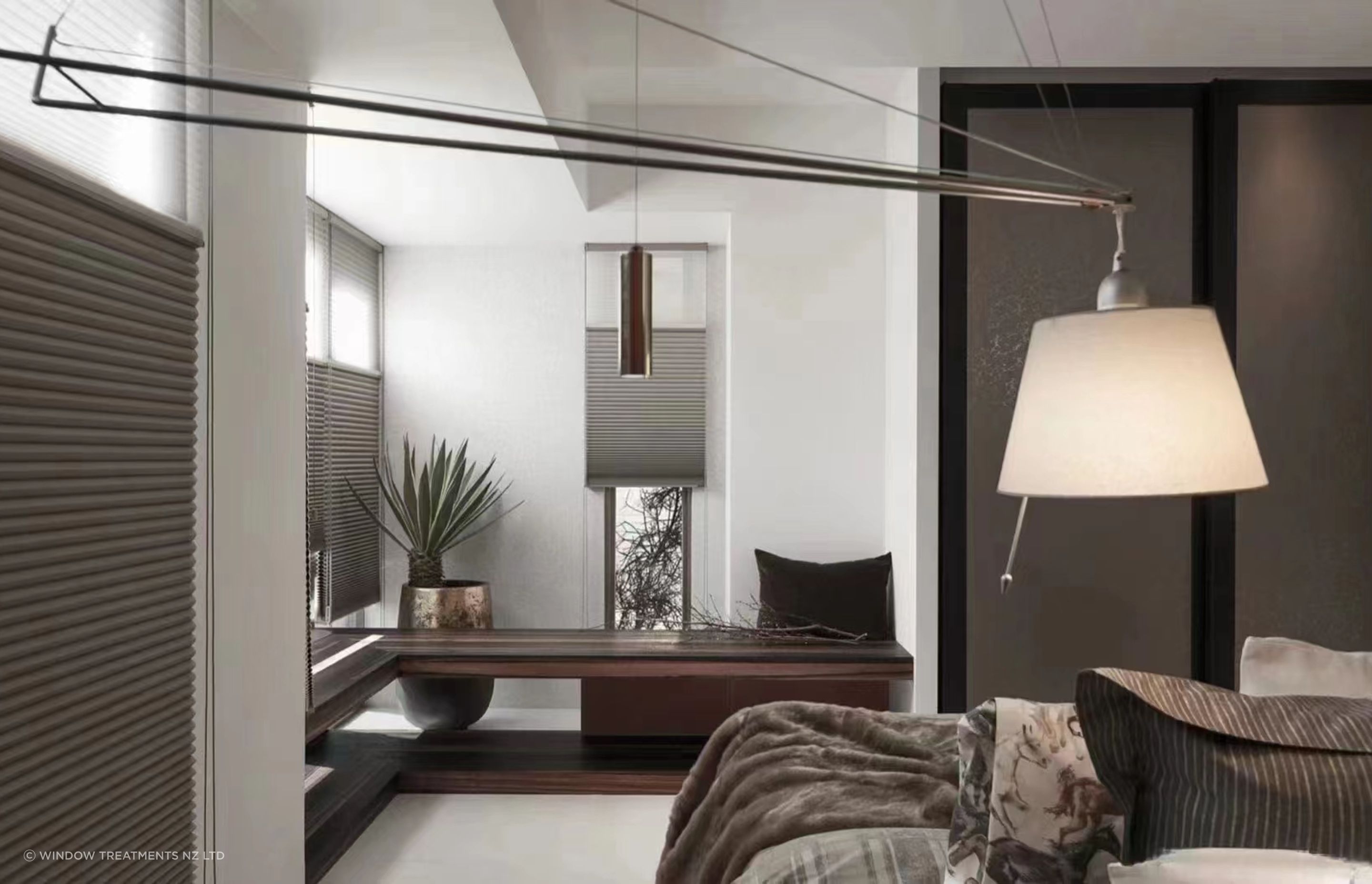 Honeycomb blinds introduce a soft, high fashion aesthetic.