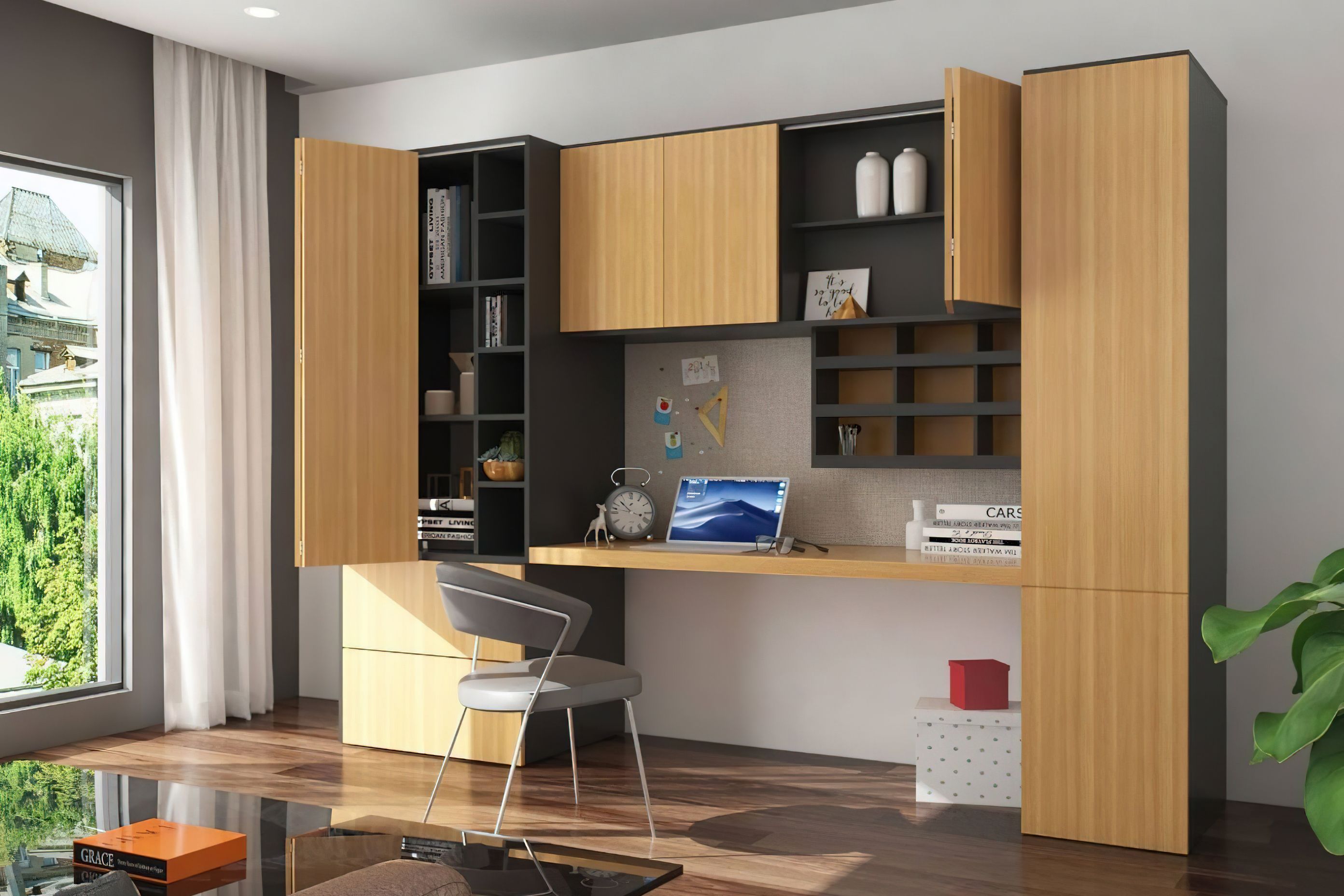 A home based office solution for anyone liking a tidy home: at the end of the day, all work utensils are stored away and can disappear behind the folding doors. Photo: Hettich