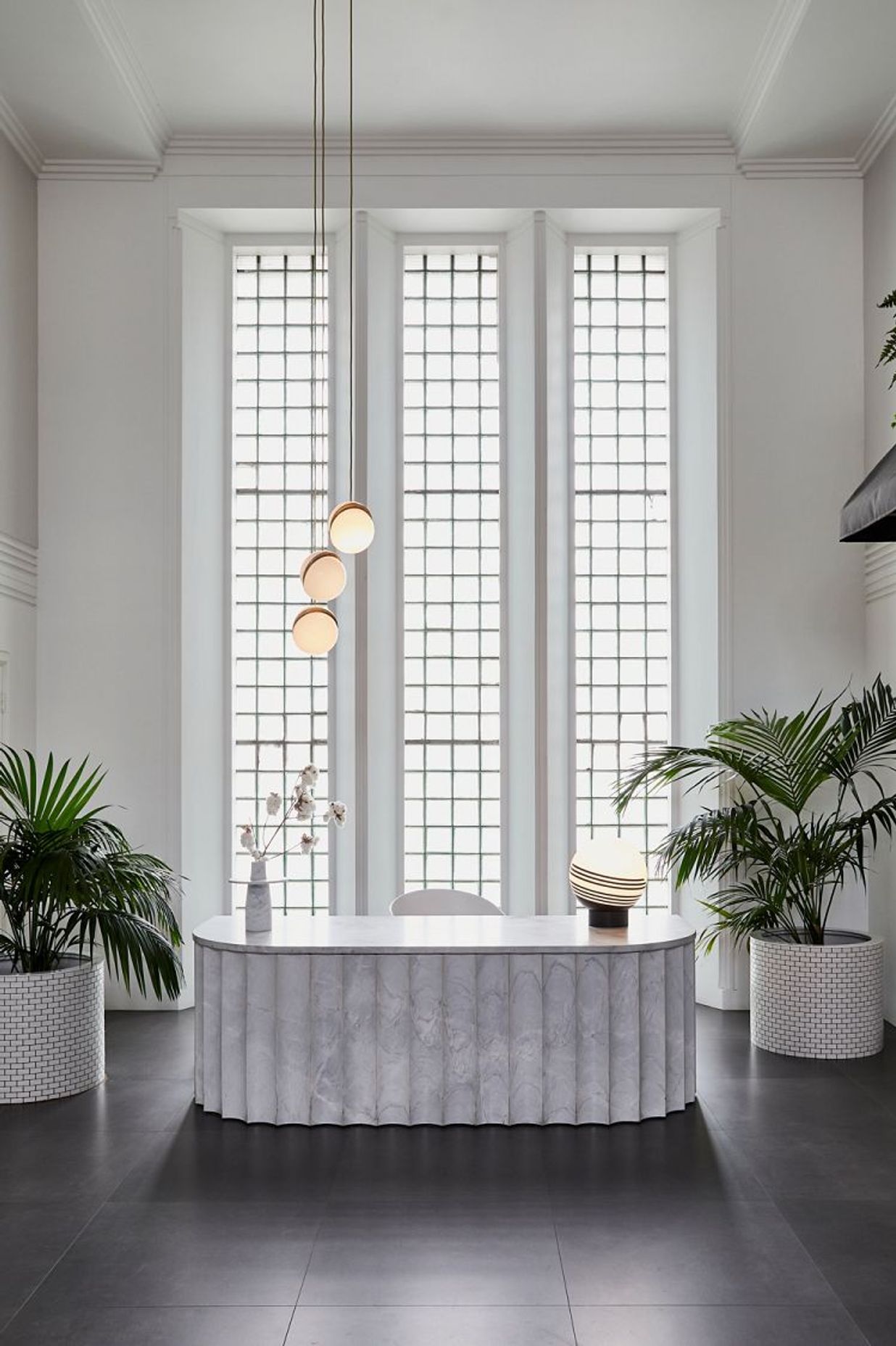 Reception desk crafted from Elba marble