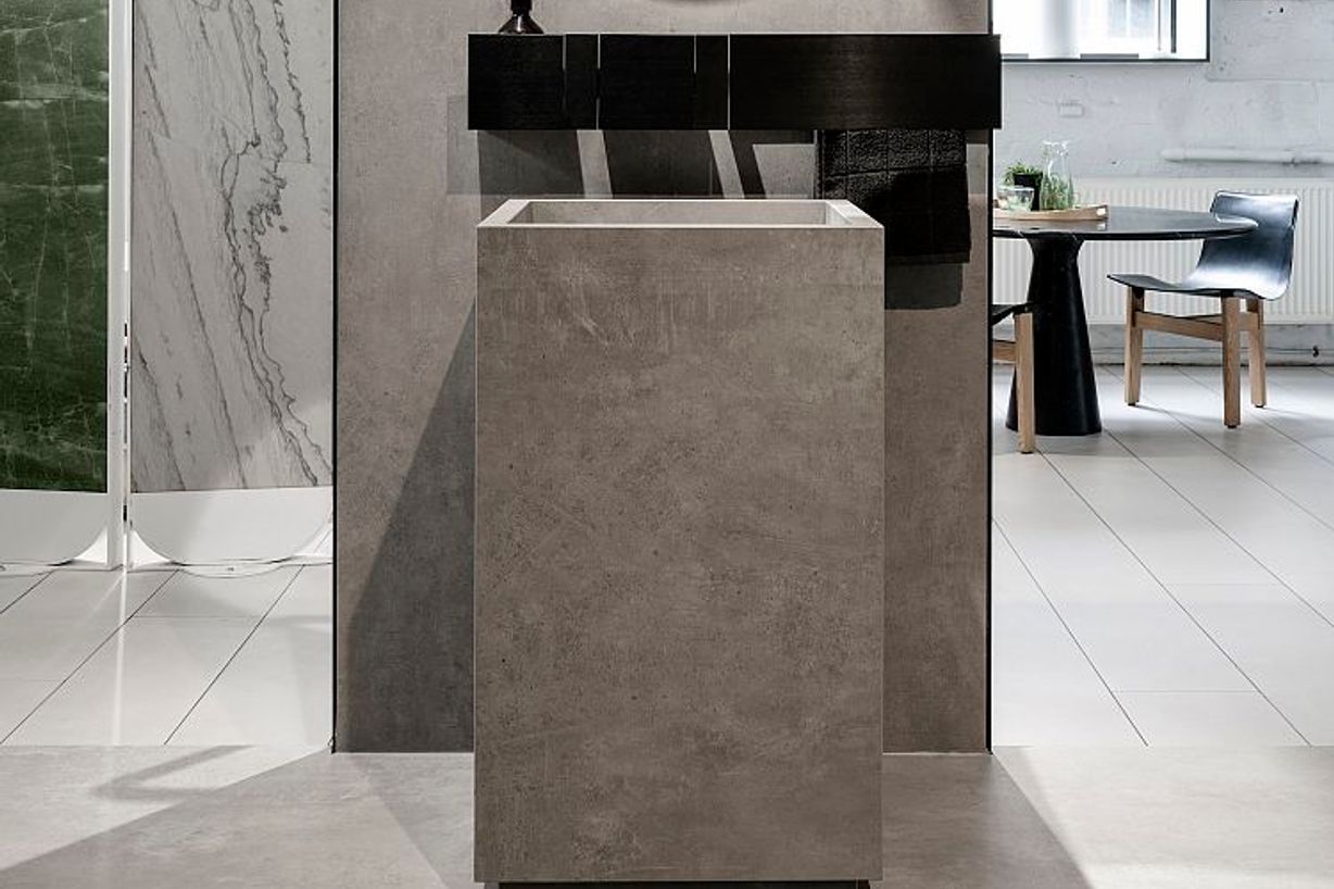 Fiandre Waterfall Pedestal Basin in Urban Grey with Agape Sen taps and accessories