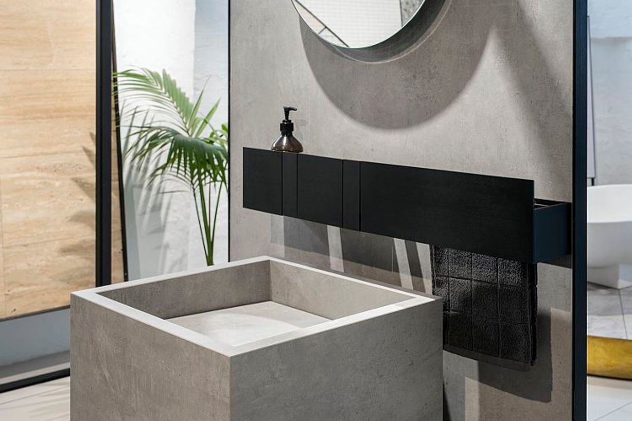 Fiandre Waterfall Pedestal Basin in Urban Grey with Agape Sen taps and accessories