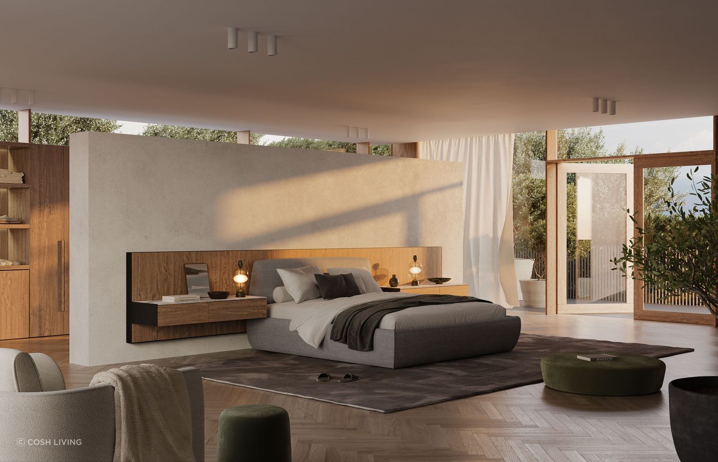 Floating bedside tables offer plenty of space and easy access for night time essentials and other decorative pieces such as candles and flowers. Featured product: Frame Bedroom Collection